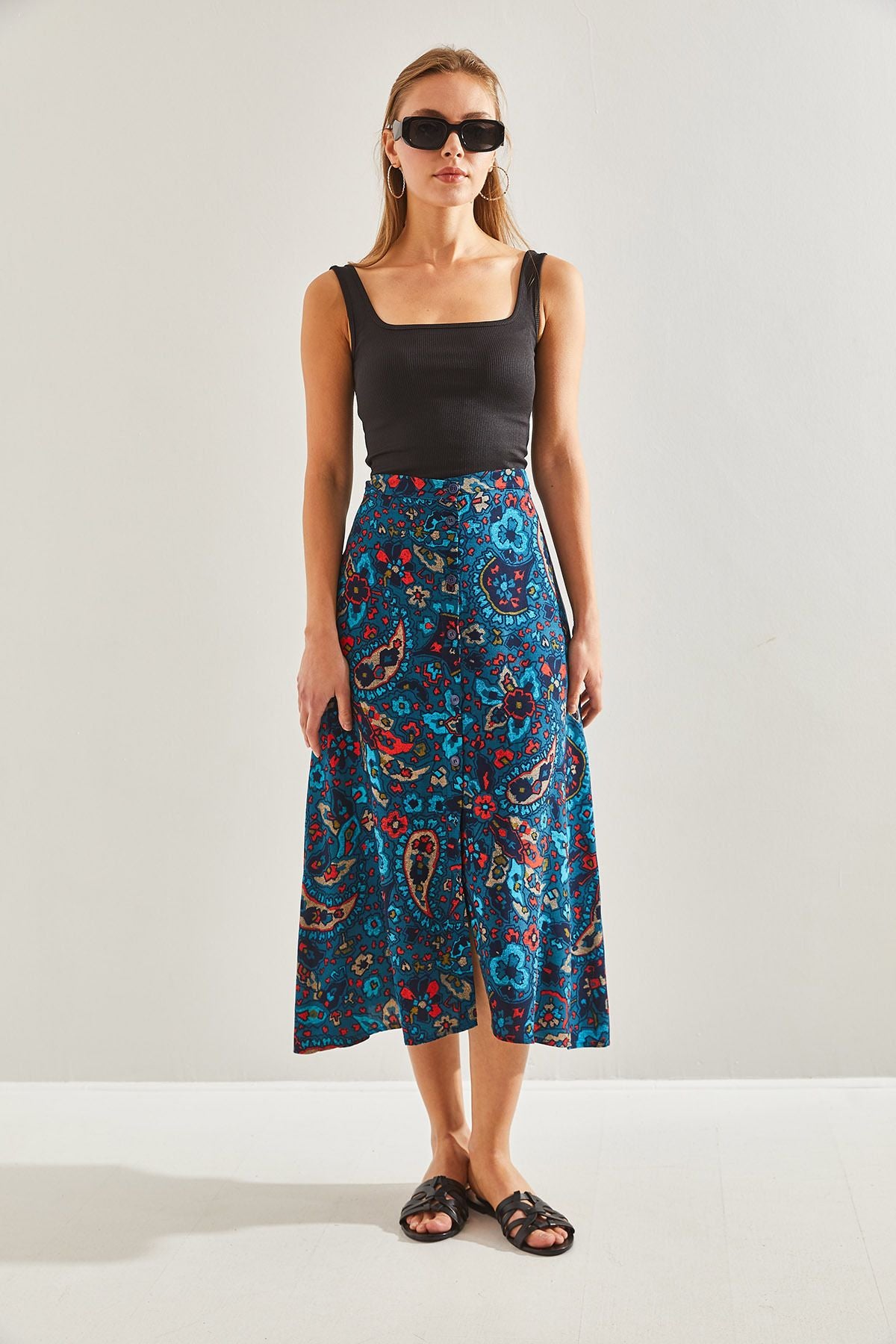 Female Multi Patterned buttoned viscose skirt 60131017