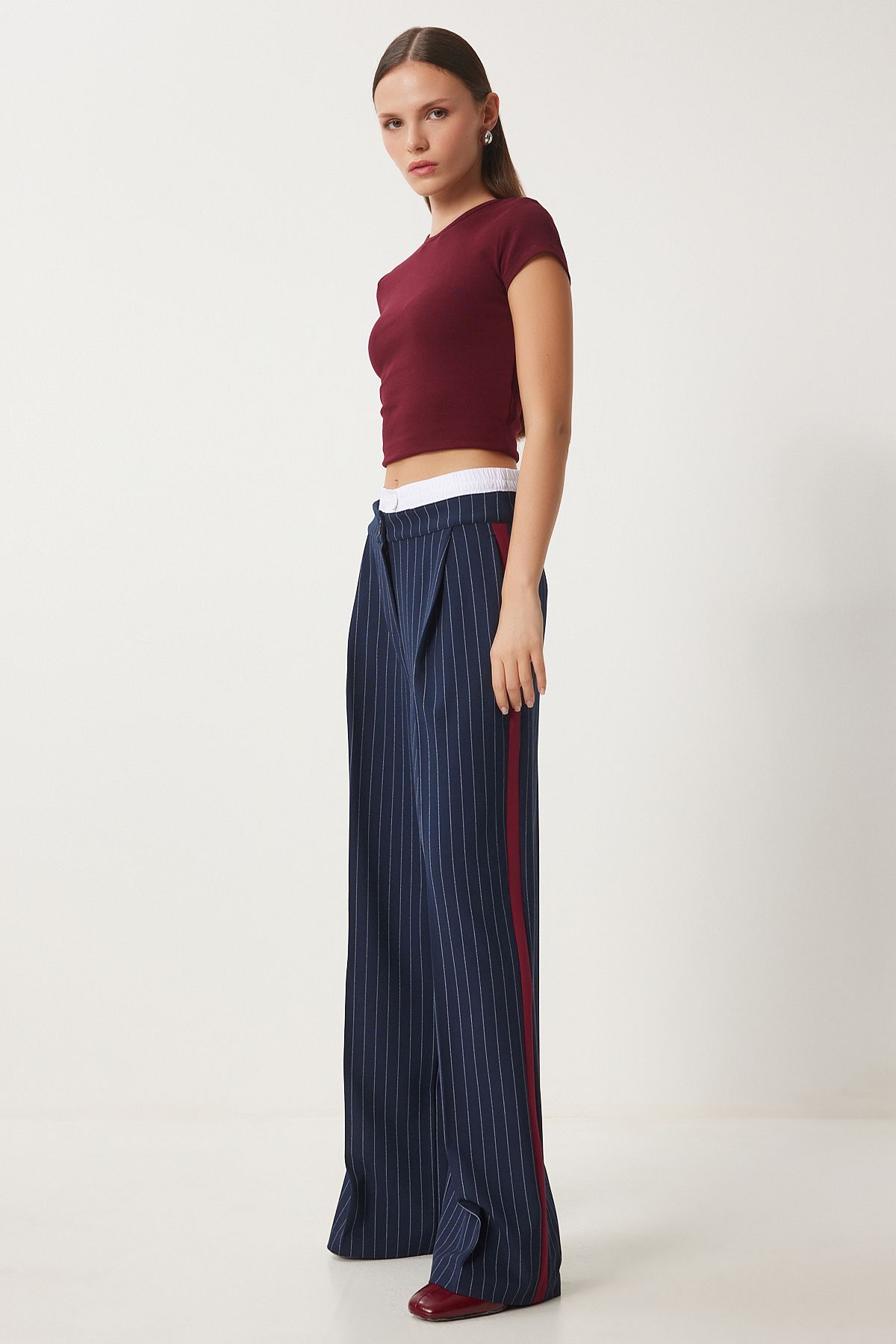 Woman Navy Blue Contrast Waist Detail Striped Weaving Pants HL00006