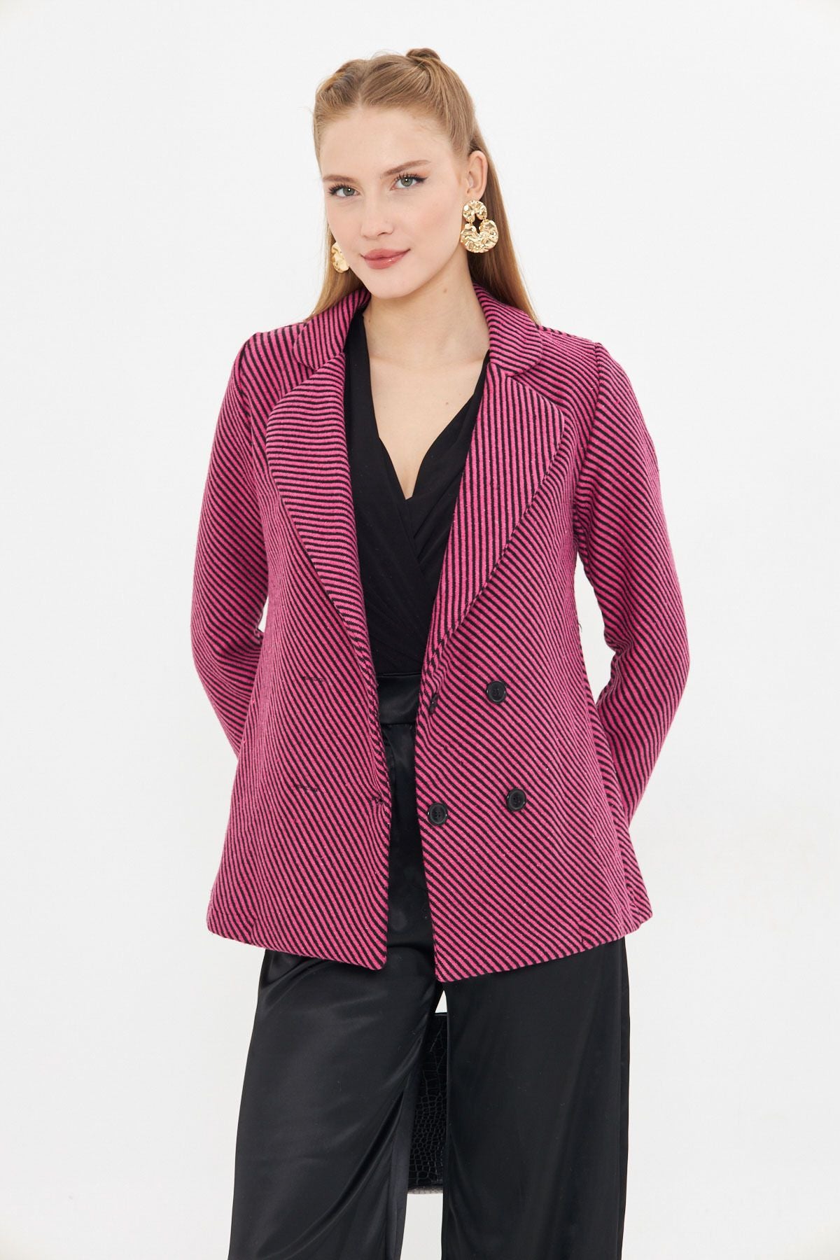Women's Fuchsia Line Patterned Four buttoned stamp jacket ARM-24K001037