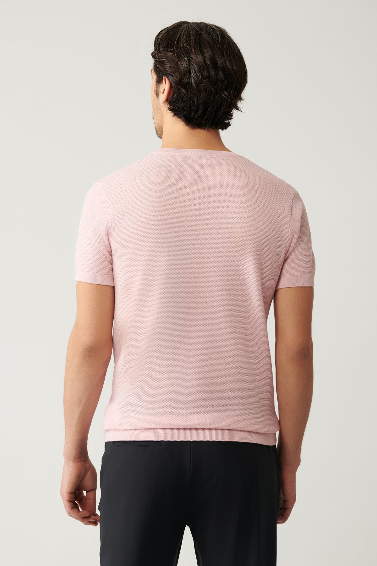 Men's Light Pink Bicycle Collar textured cotton knitwear T-shirt E005027
