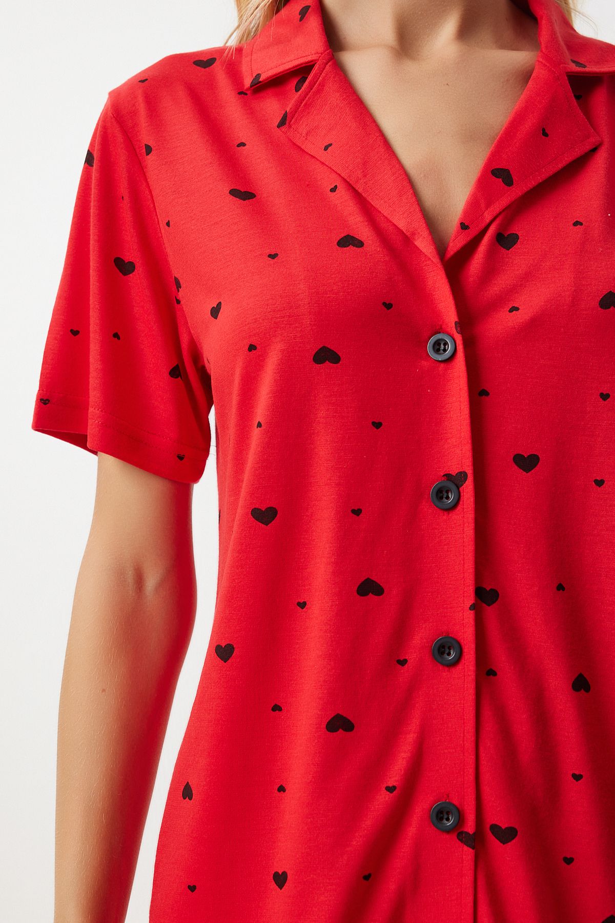 Female red -hearted viscose short shirt pajama set EC00035