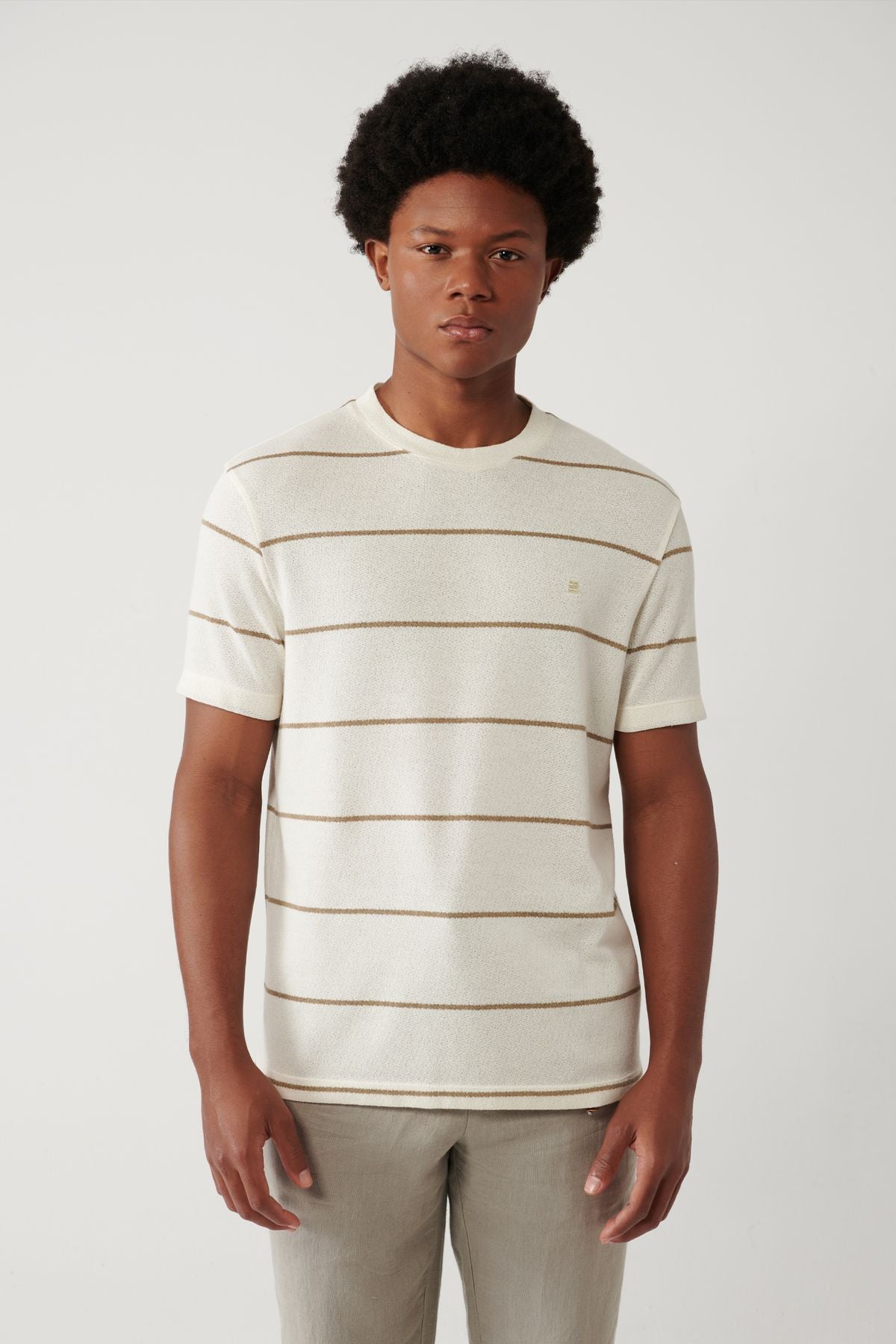 Men's Light Beige Bike collar striped T-shirt A41y1016