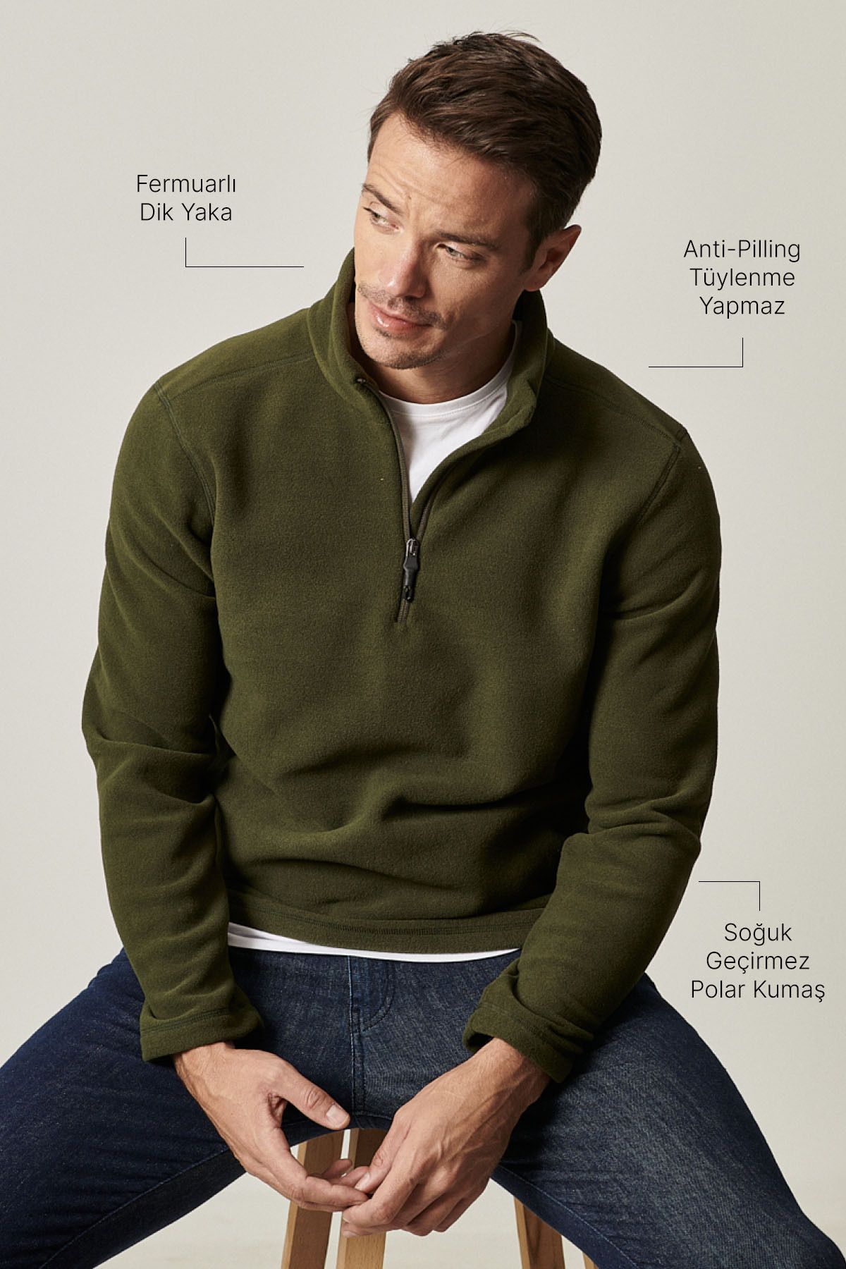 Men's Khaki Anti-Pilling Flash Standard Fit Pllage Solder Cold-Performing Polar Sweatshirt