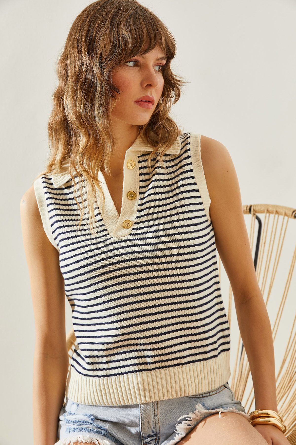 Women's button detailed knitwear striped sweatter20246141