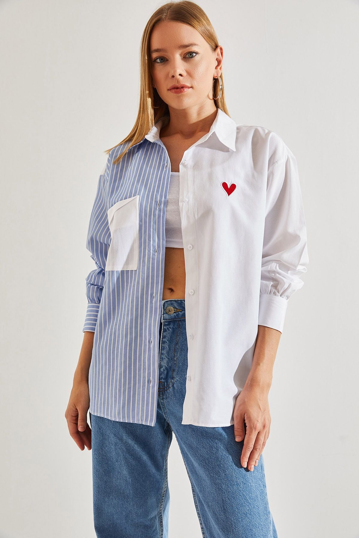 Woman Double Color Heart Printed Shirt