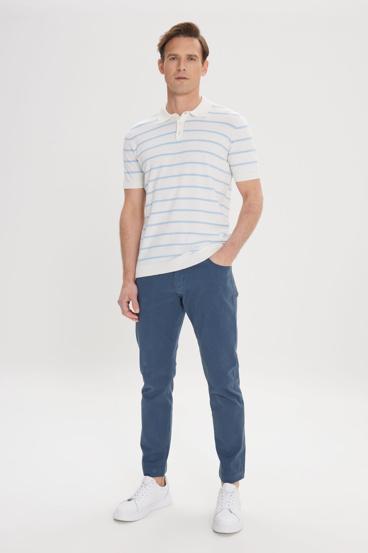 Men's Ecru-Blue Standard Normal Cutting 100 %Cotton striped Polo Yaka Triko T-shirt