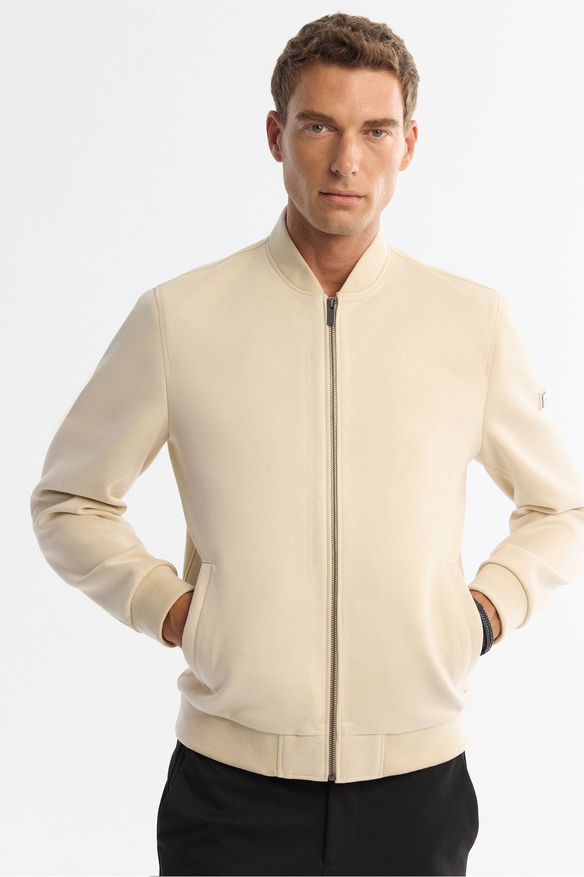 Men's beige zipper suede -looking Bomber Ince Mont B006045