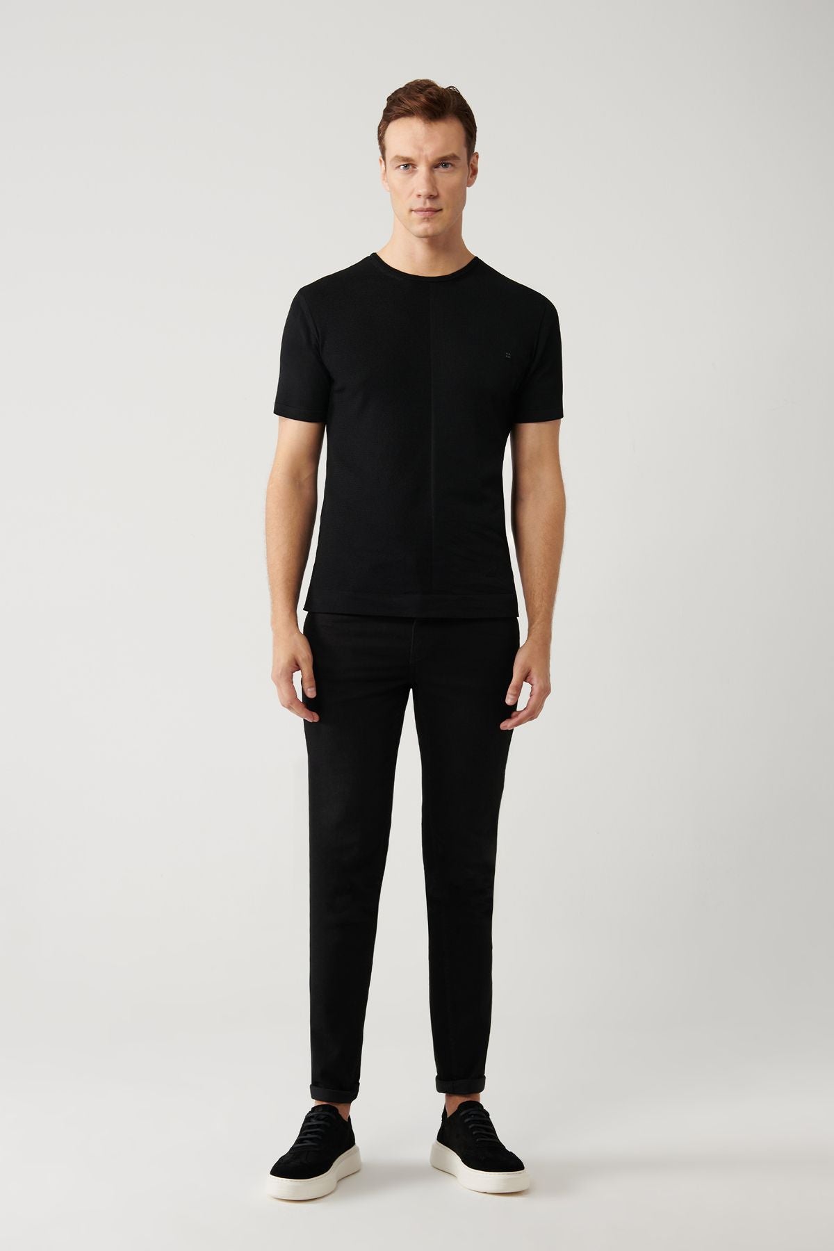 Men's black bike collar rayon textured knitwear T-shirt A41y5099