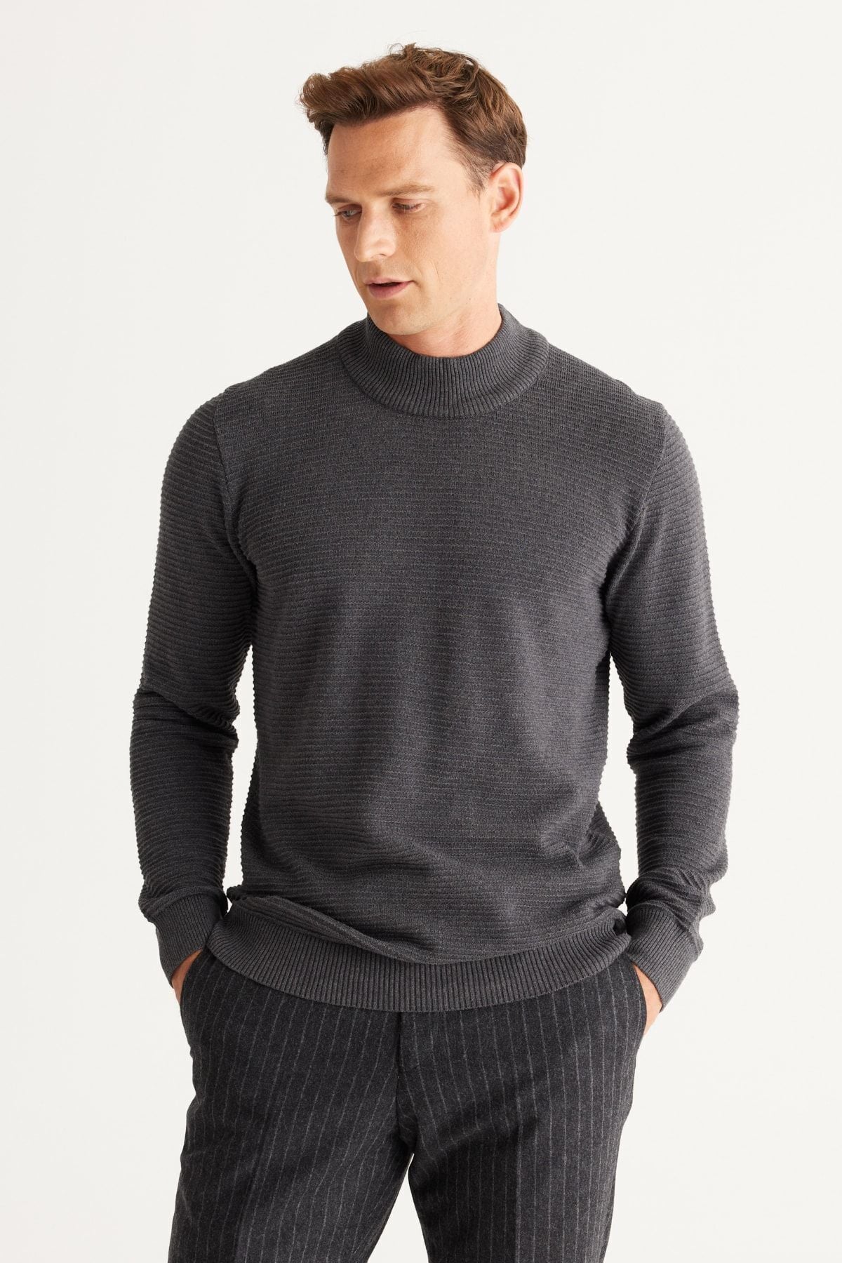 Men's anthracit-melanj standard fit half fisherman collar cotton patterned knitwear sweater