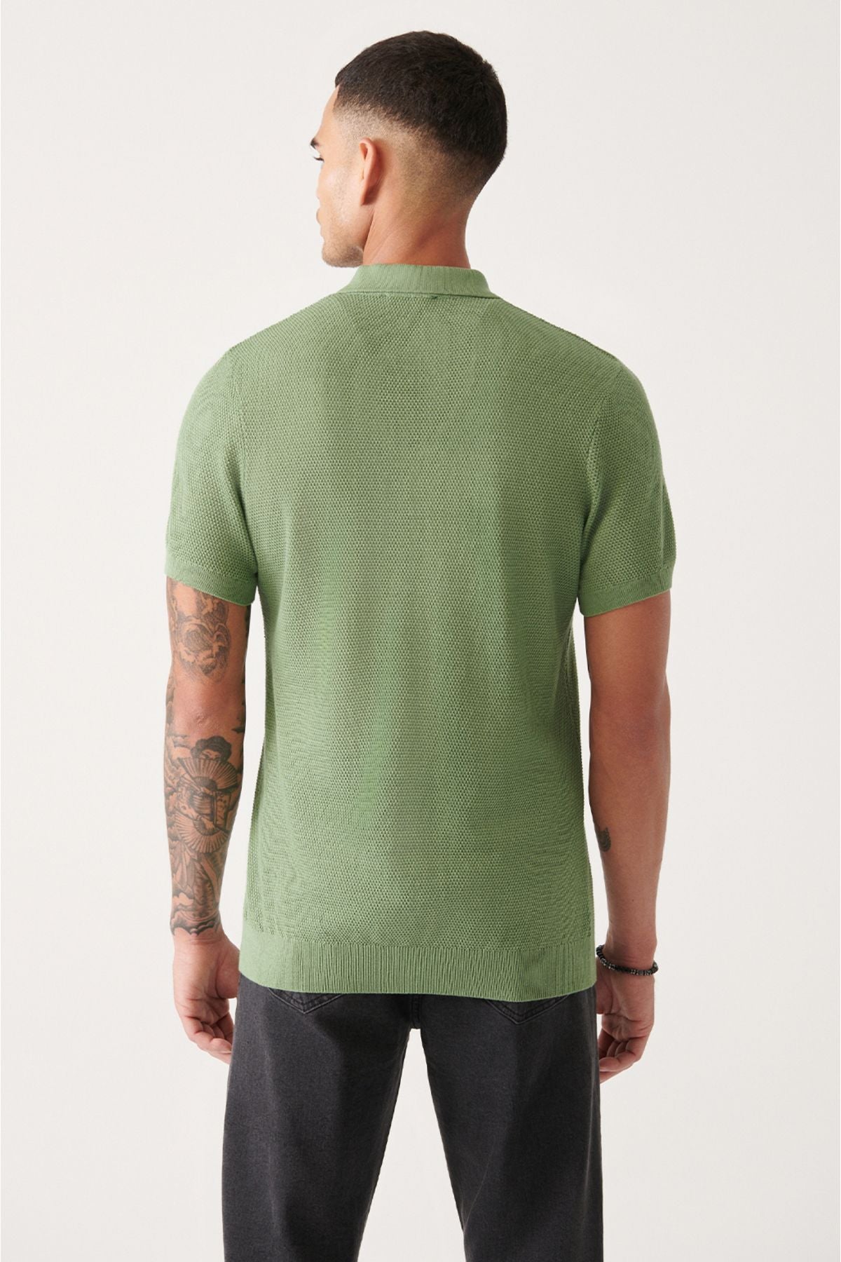 Men's Water Green 3 Button Tissue Ribanian Polo Yaka Triko T-Shirt B005009