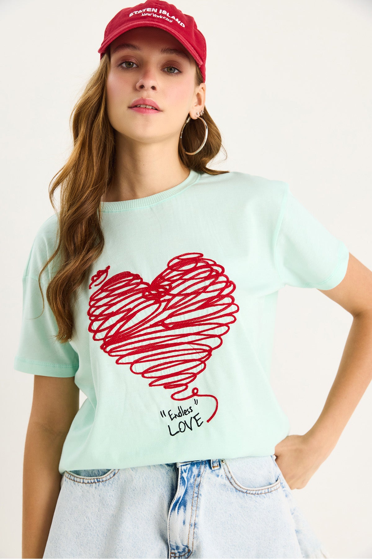 Women's Cotton Short Sleeve Crew Neck Heart Embroidered T-Shirt 60602028