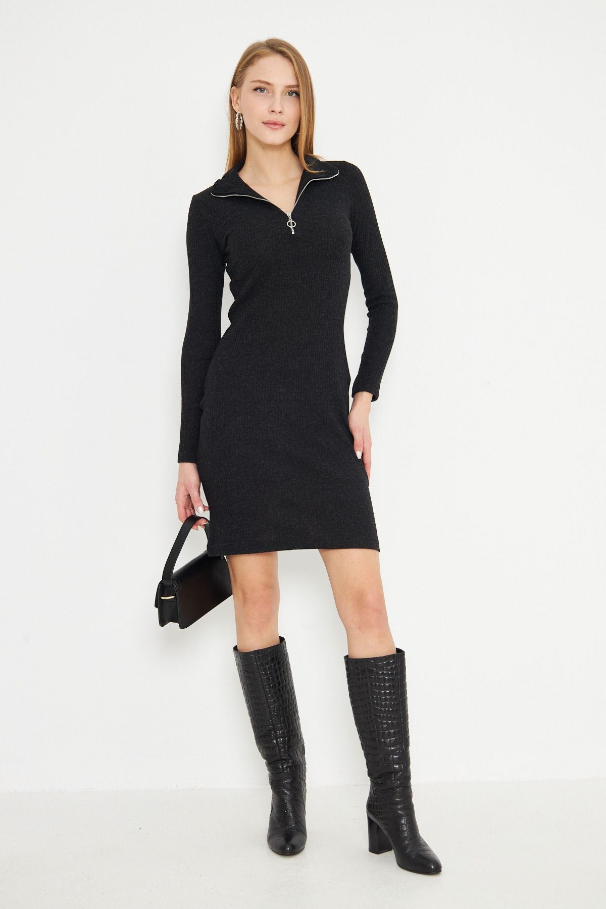 Female black collar zipper Kashkorse Knee Dress ARM-24Y001001