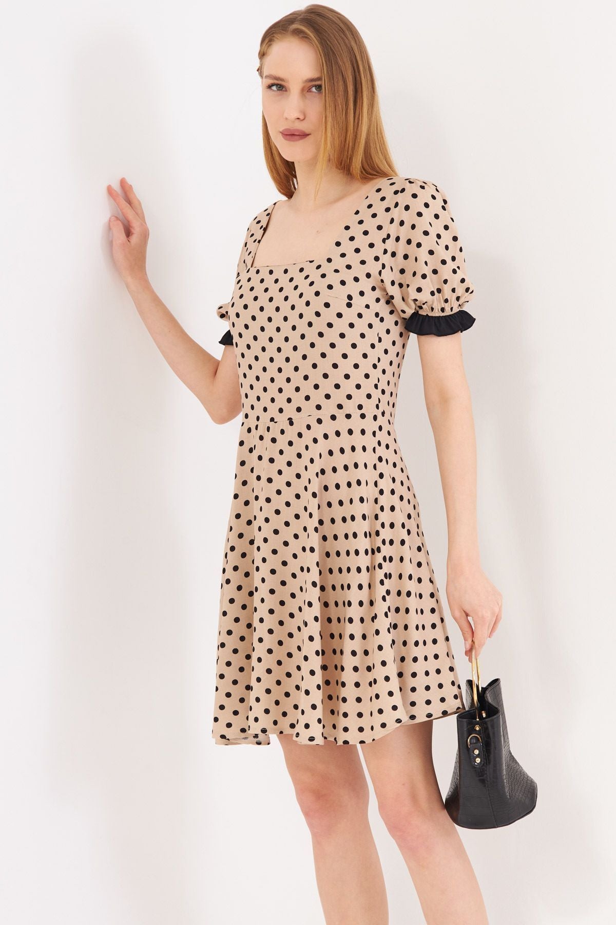 Female beige front back square neckline detailed dot watermelon watermelon armable mini dress ARM-24Y001051