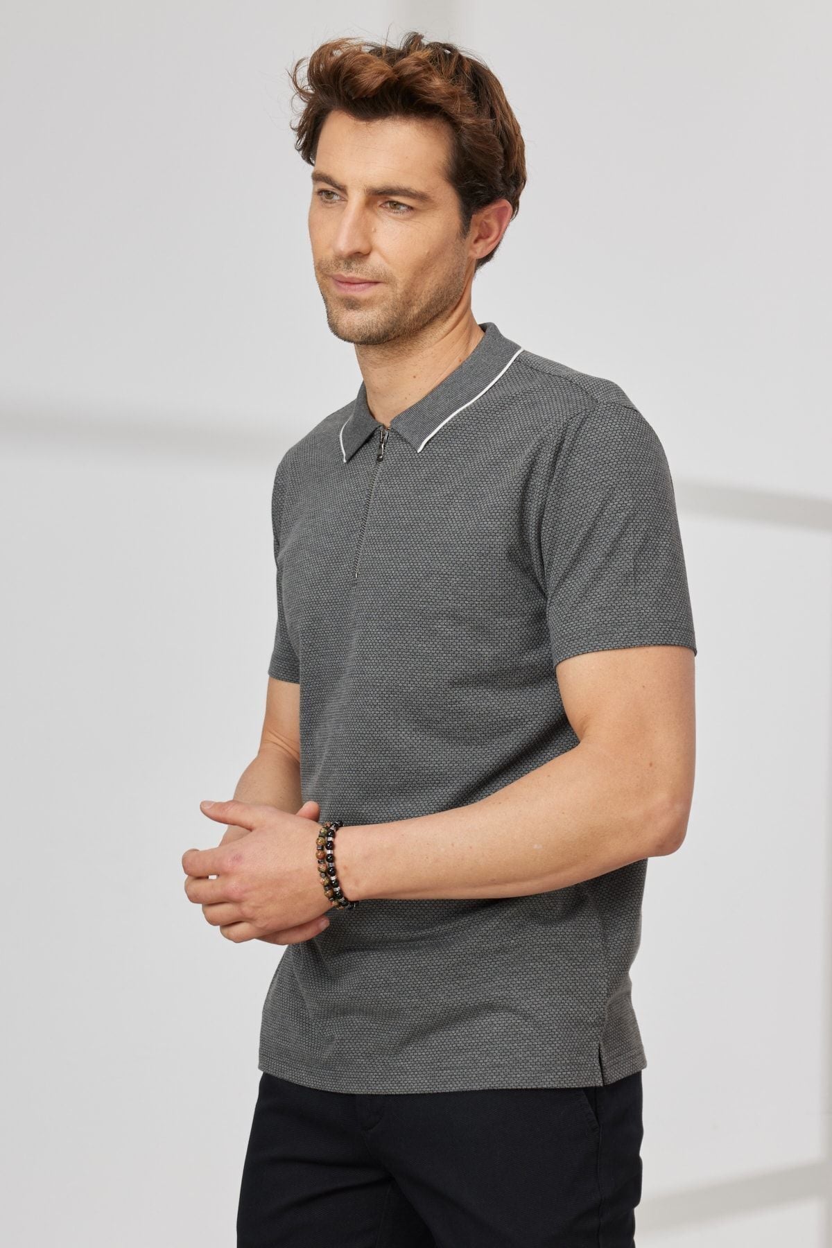 Men's anthracite slim fit narrow cut Polo Yaka Jacquard T -shirt