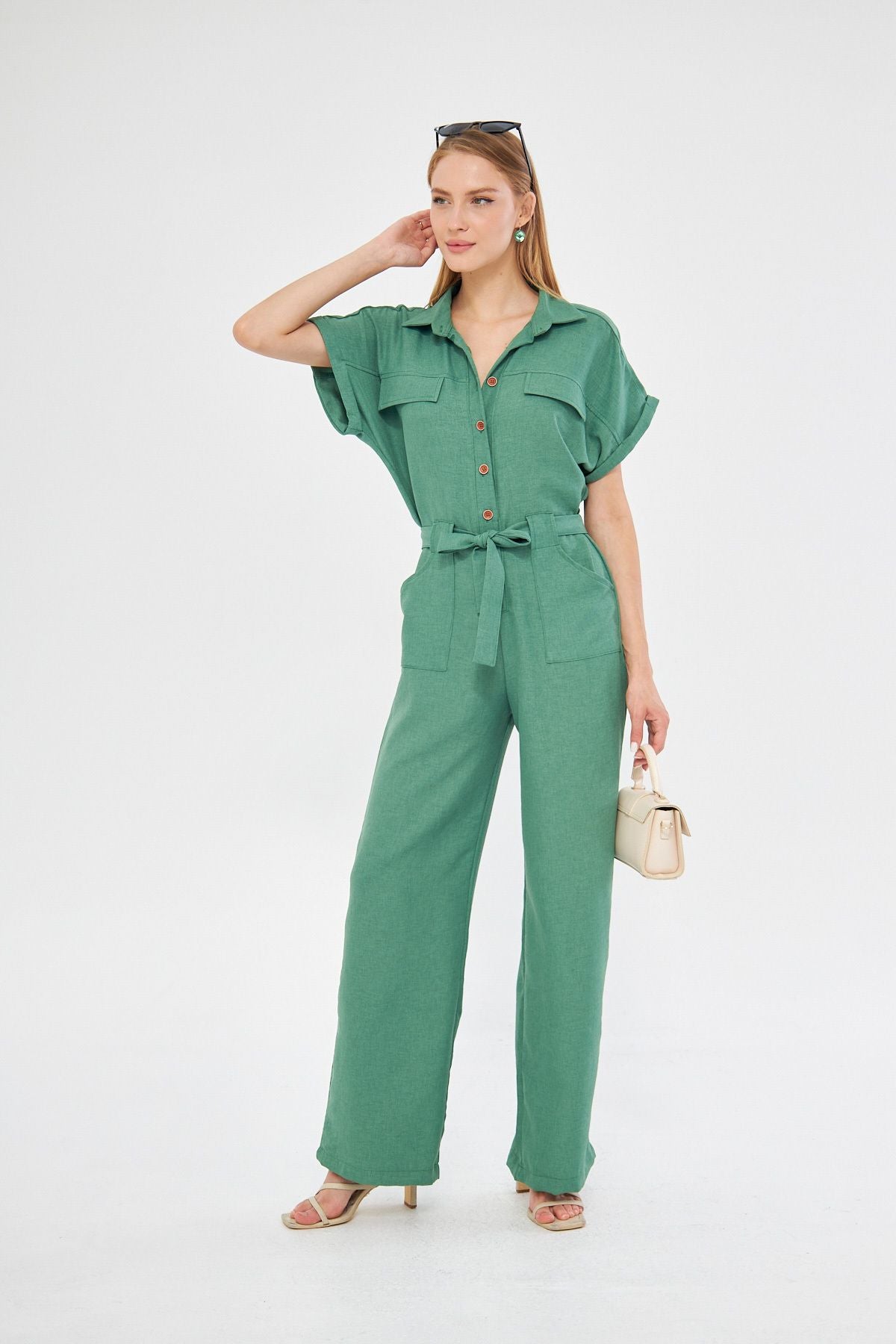 Woman Dark Green Front Buttoned Waist Belled Pocket Bat Arm Palazzo Tulum ARM-24Y001105