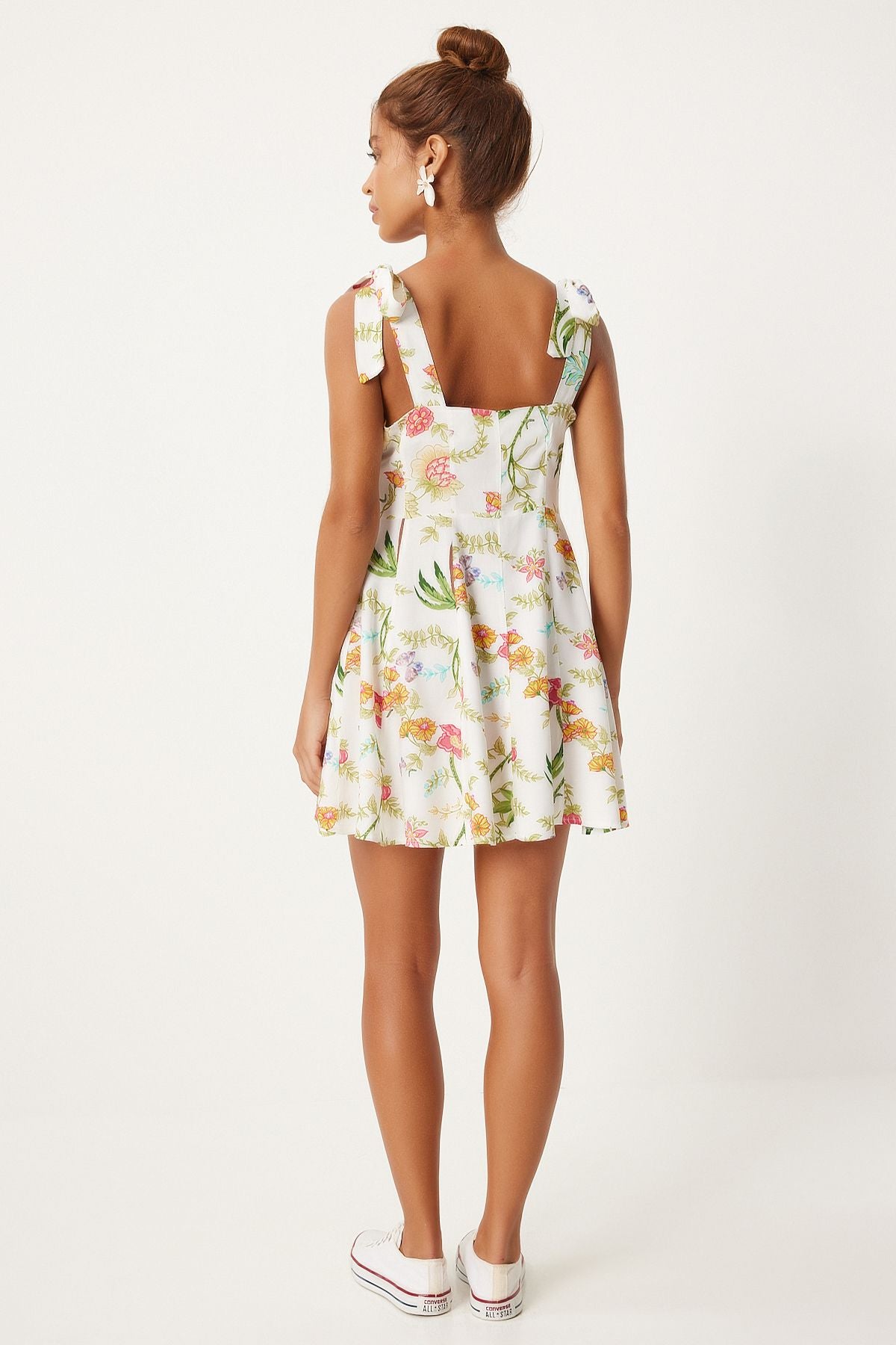 Female Ecru Green Thick Hanger Patterned Summer Mini Viscose Dress FN03238
