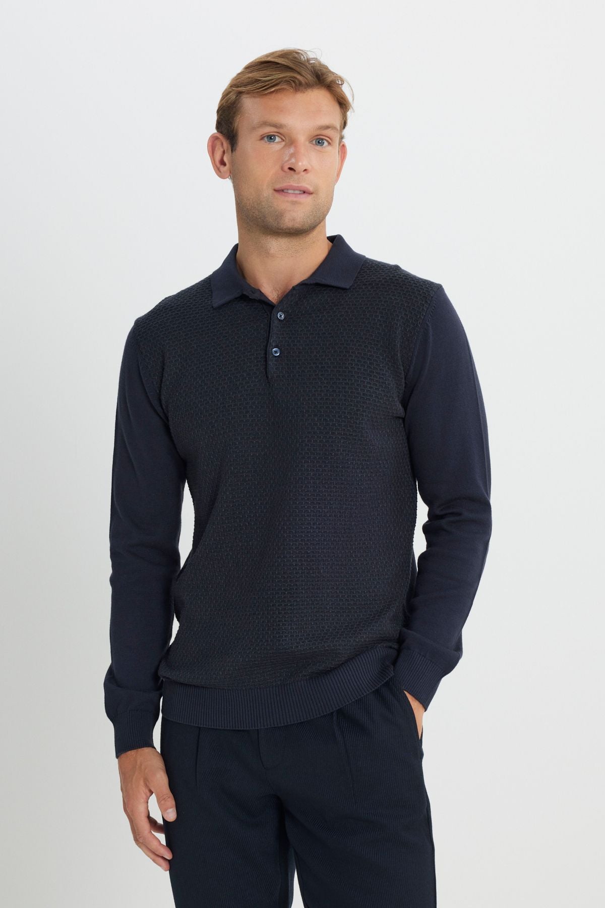 Men's Navy Blue Cotton Standard Fit Normal Cut Polico Sweater with Jacquard