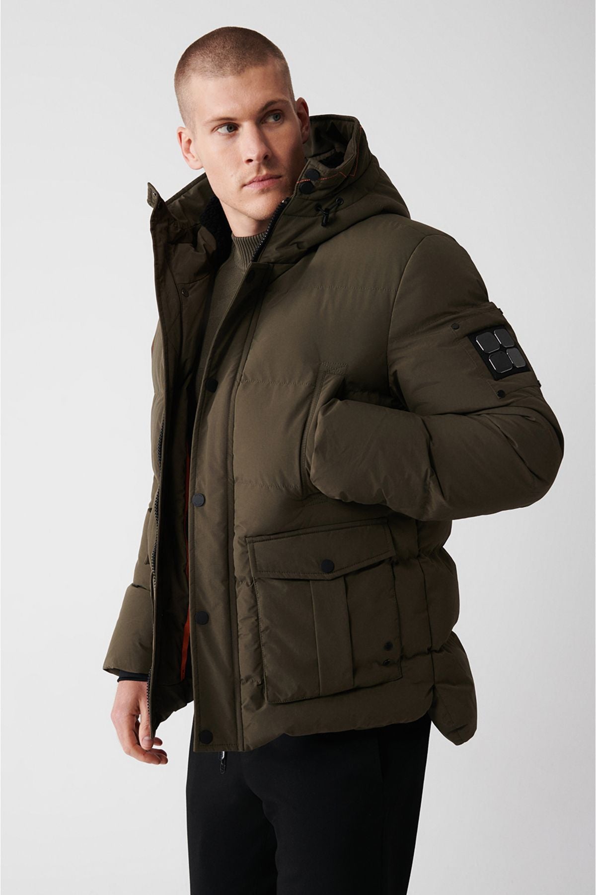 Men's Khaki Inflatable Coat Hooded Plush Detail Detail Water Driving Windproof Comfort Fit A32Y6046