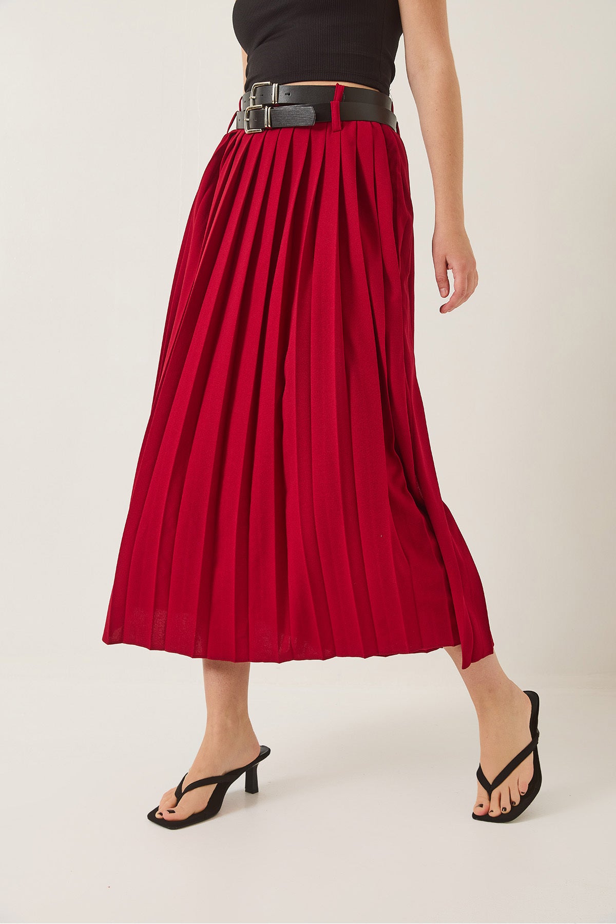 Women's Double Belted Slit Detailed Pleated Long Skirt 7167 60283219