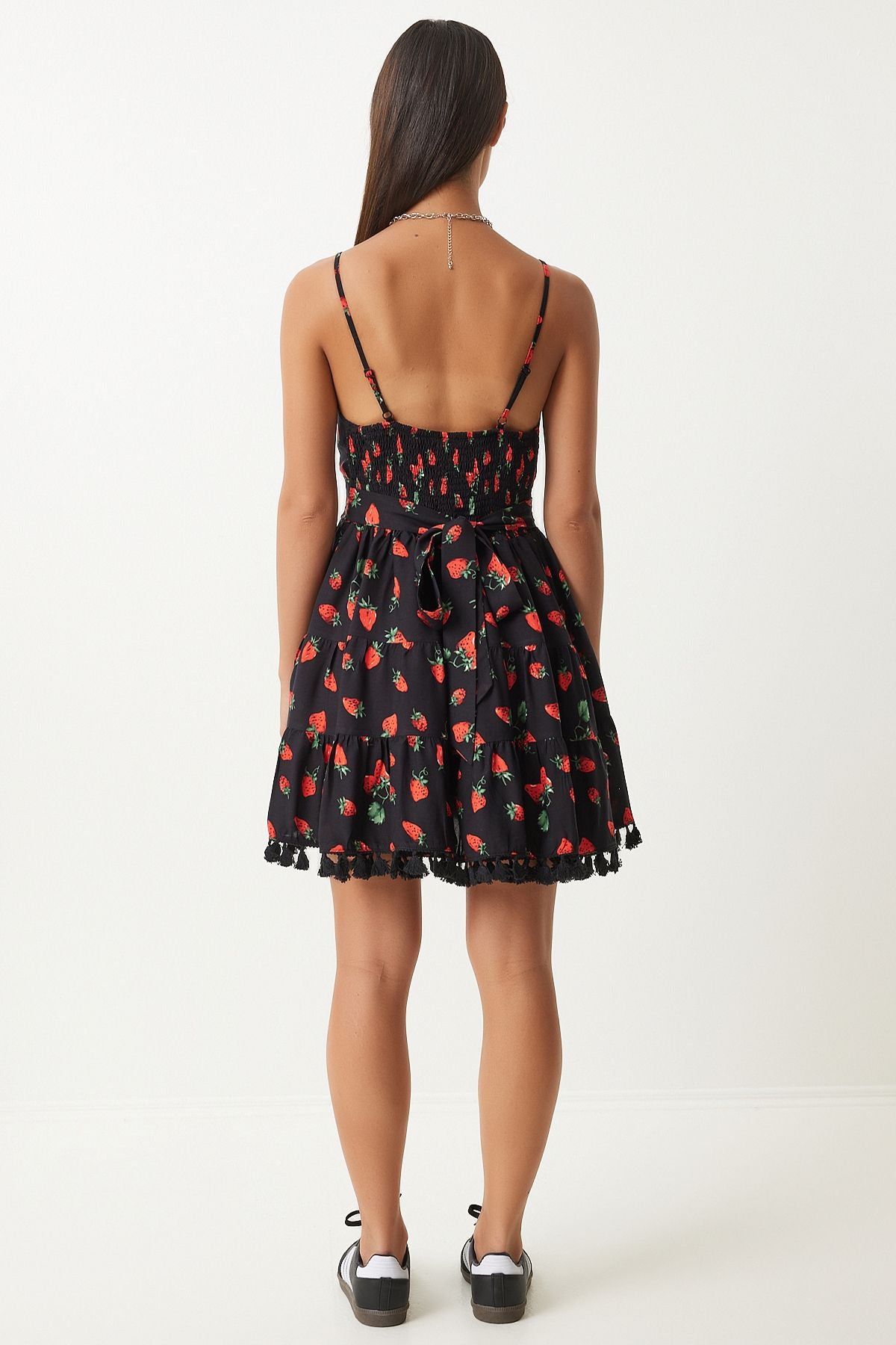 Woman Red Black Patterned Summer Viscose Dress FN03203