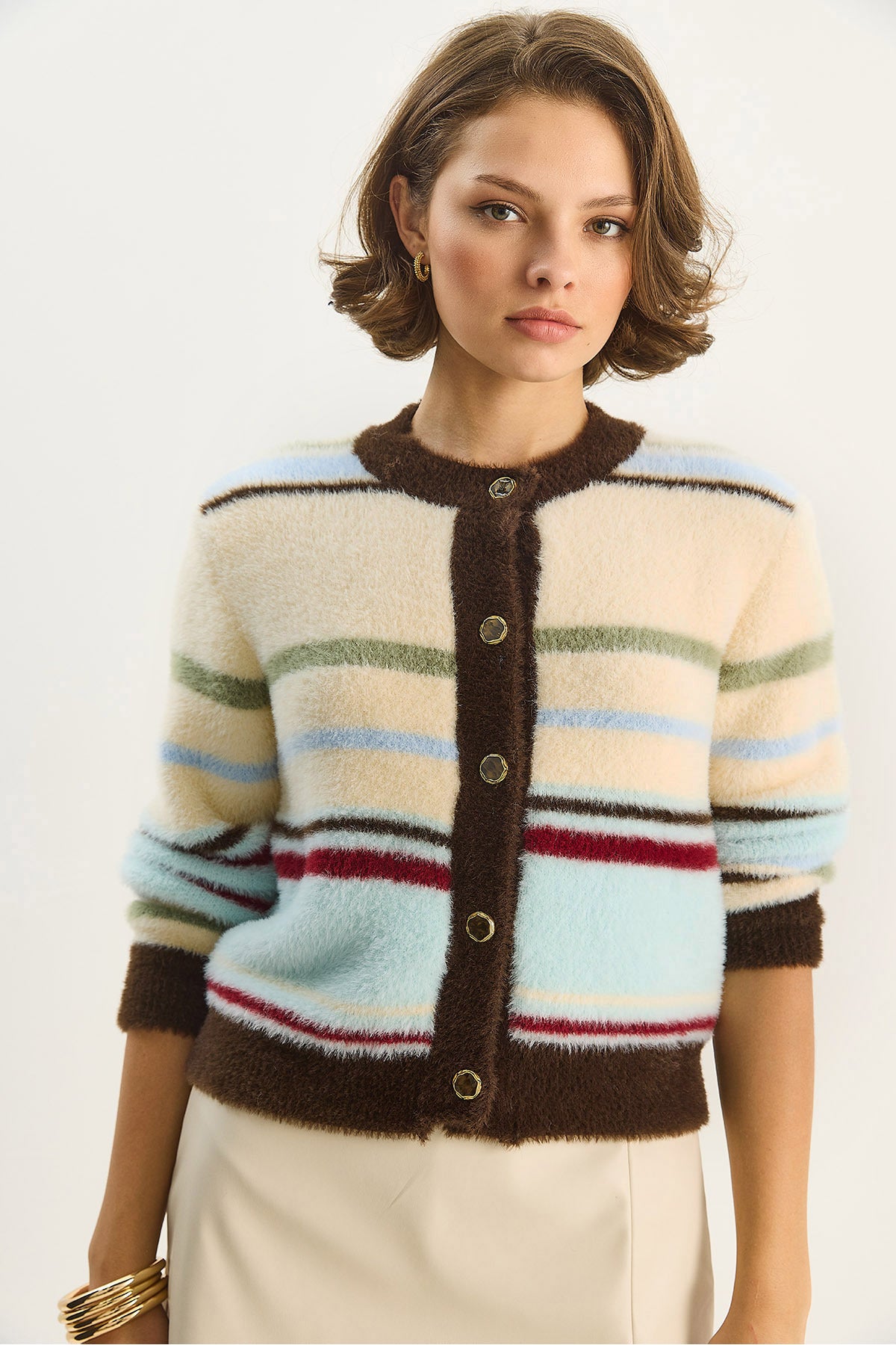 Women's Very Soft Textured Striped Knitwear Cardigan 2499 60283677
