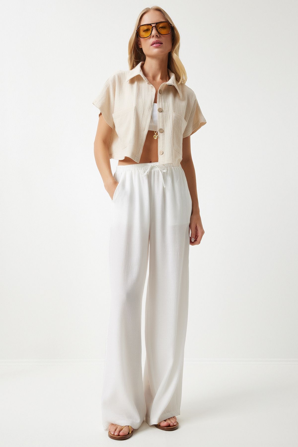 Women's Cream Wide Pocket Cottage Summer Bolero Jacket GP00004