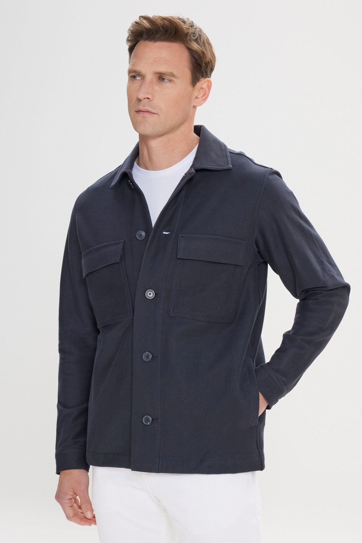 Men's navy blue standard fit normal cut shirt collar 100 %cotton coat
