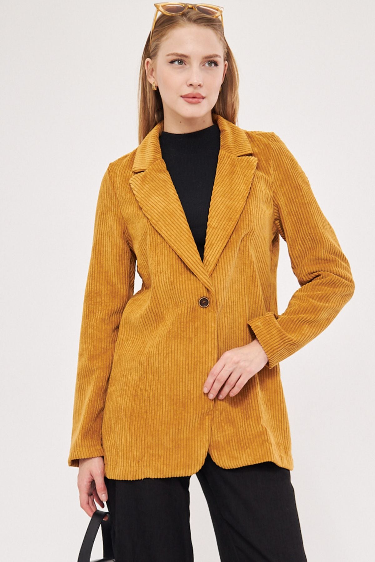 Woman mustard Single button Velvet Jacket ARM-24K001043