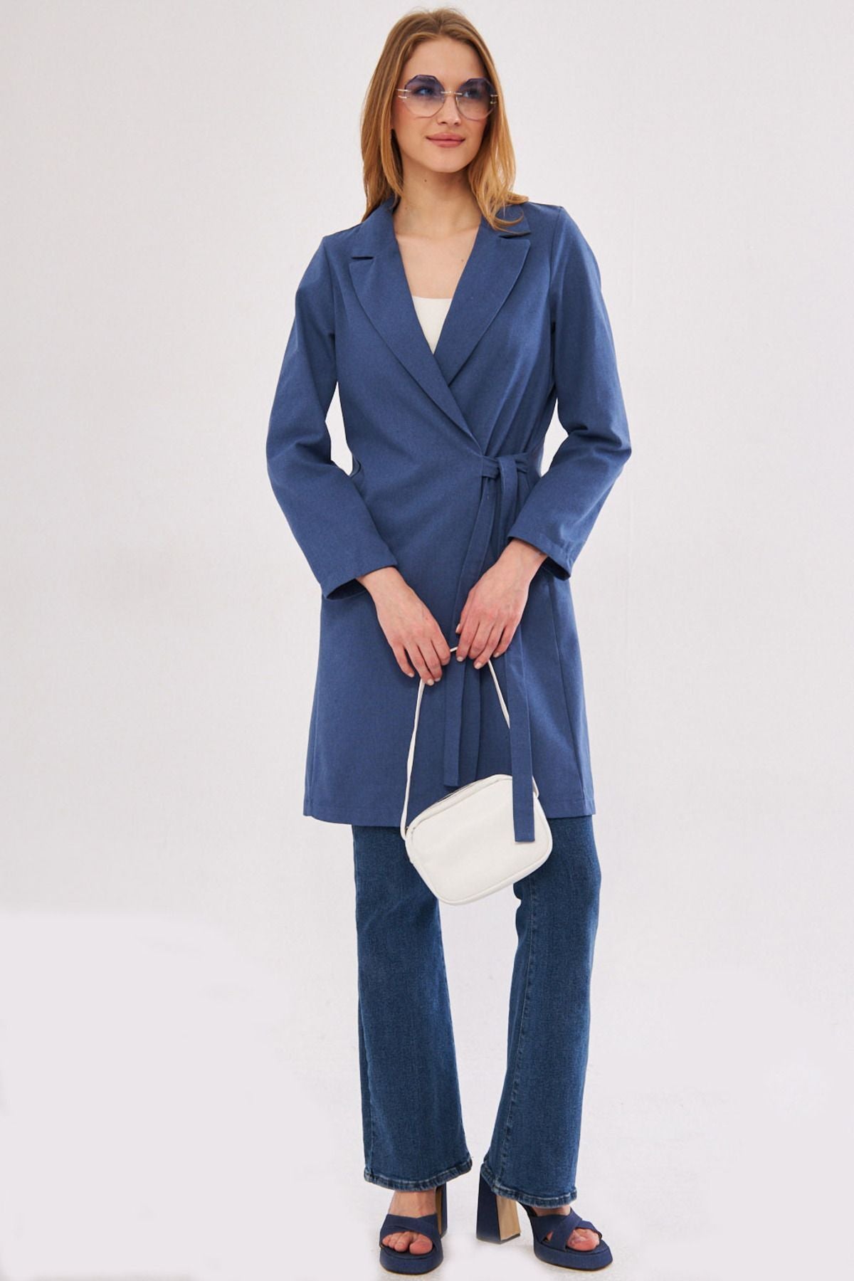 Women's dark blue side tied long coat ARM-24Y001019