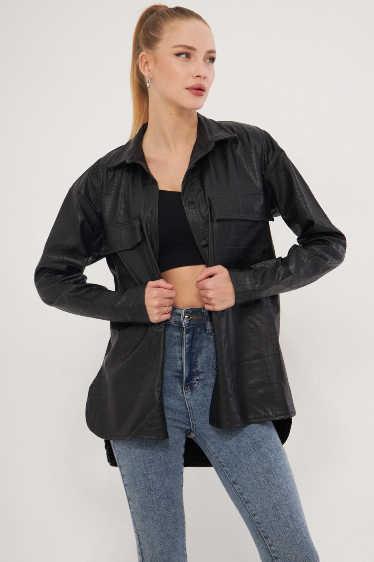 Female Black Pocket Croose Patterned Shirt ARM-25K106002