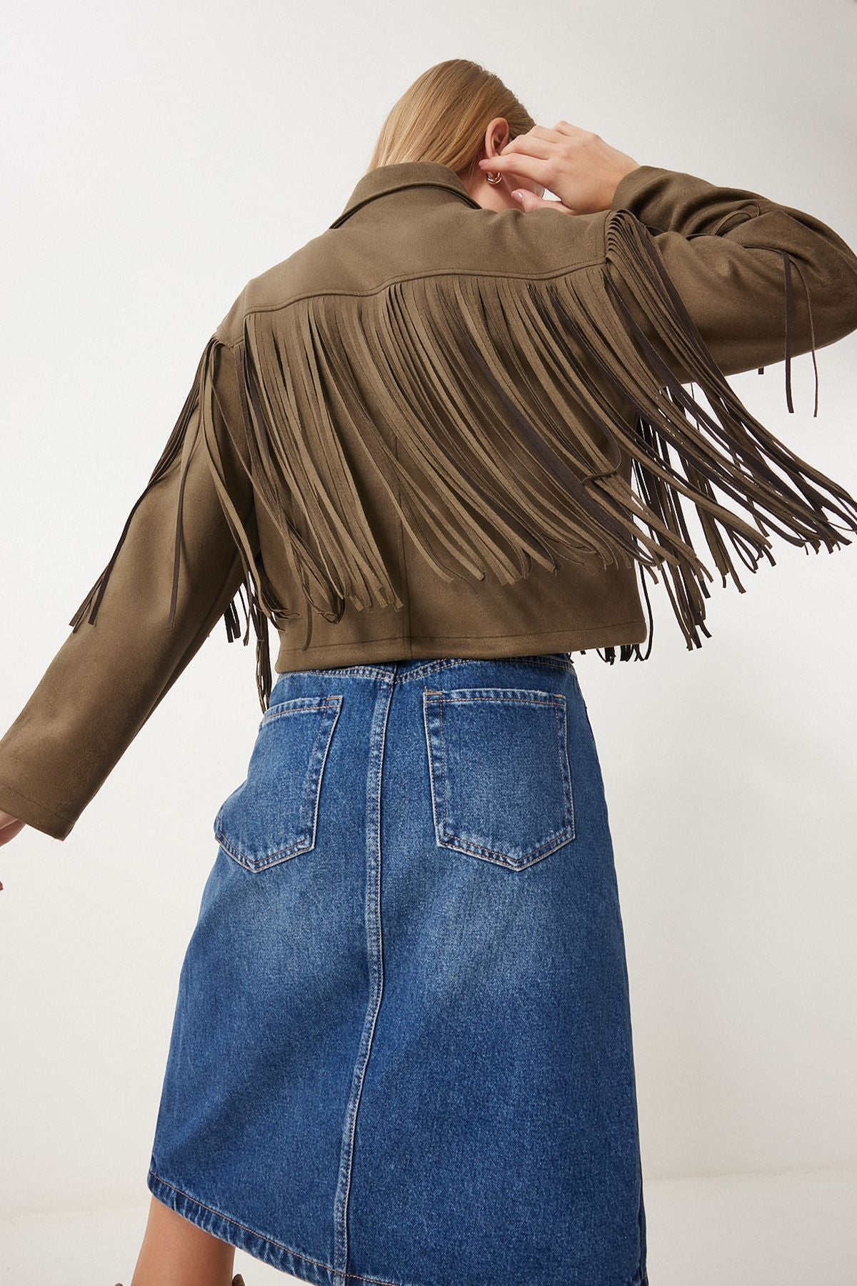 Female Khaki shirt collar tassel suede jacket DP00222