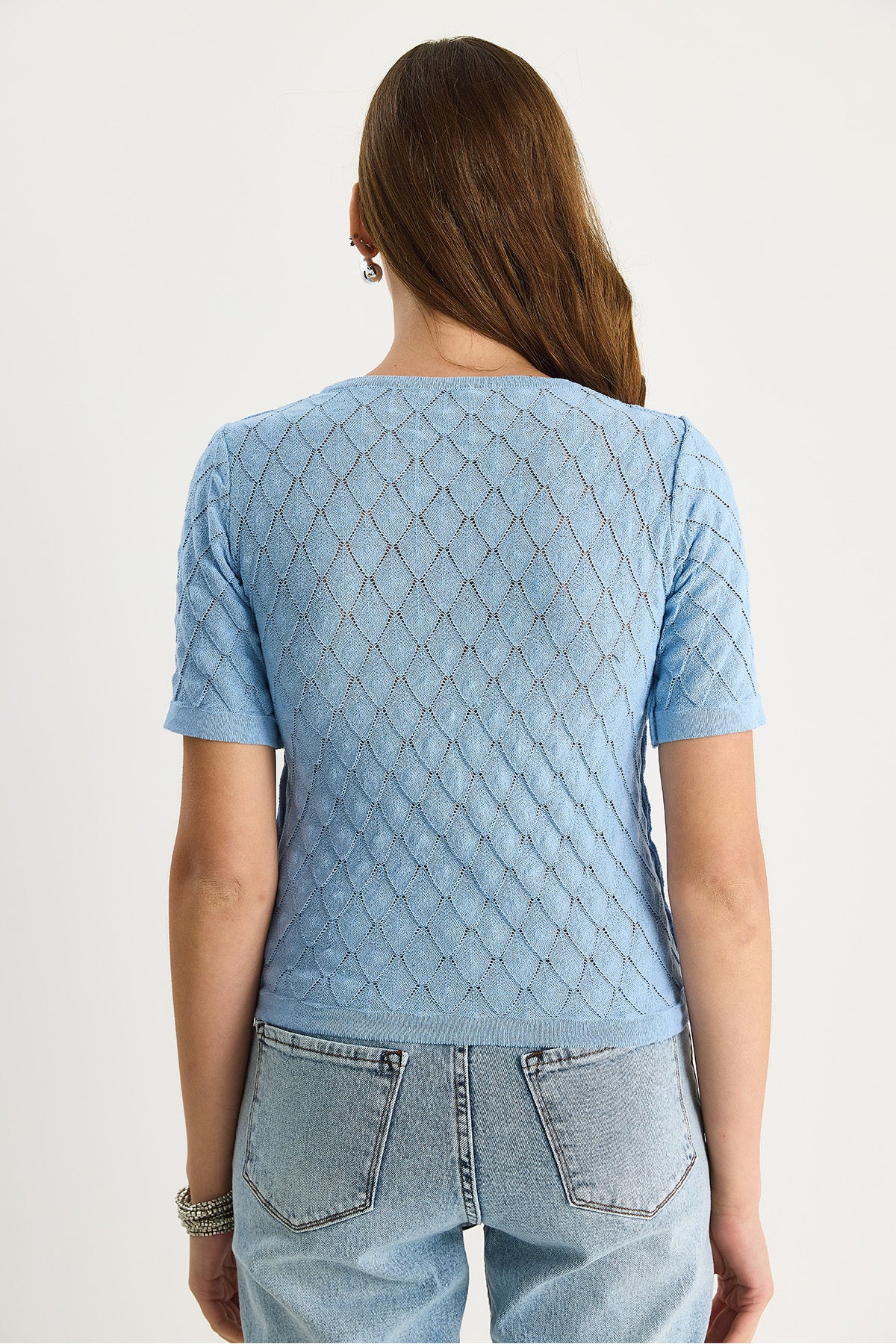 Women's Diamond Knitted Short Sleeve Knitwear Blouse 20258016