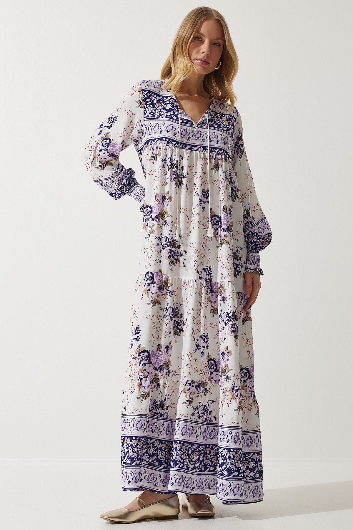 Women's Lilac Patterned Oversize Long Viscose Dress DD01309