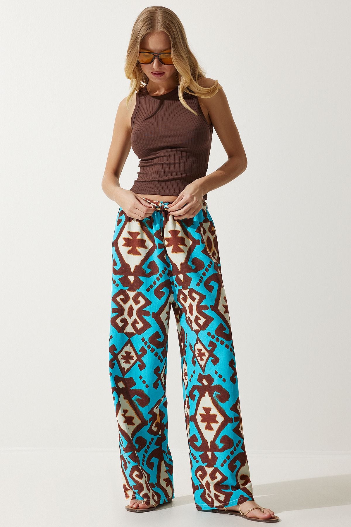Female turquoise patterned raw linen palazzo pants BH00397