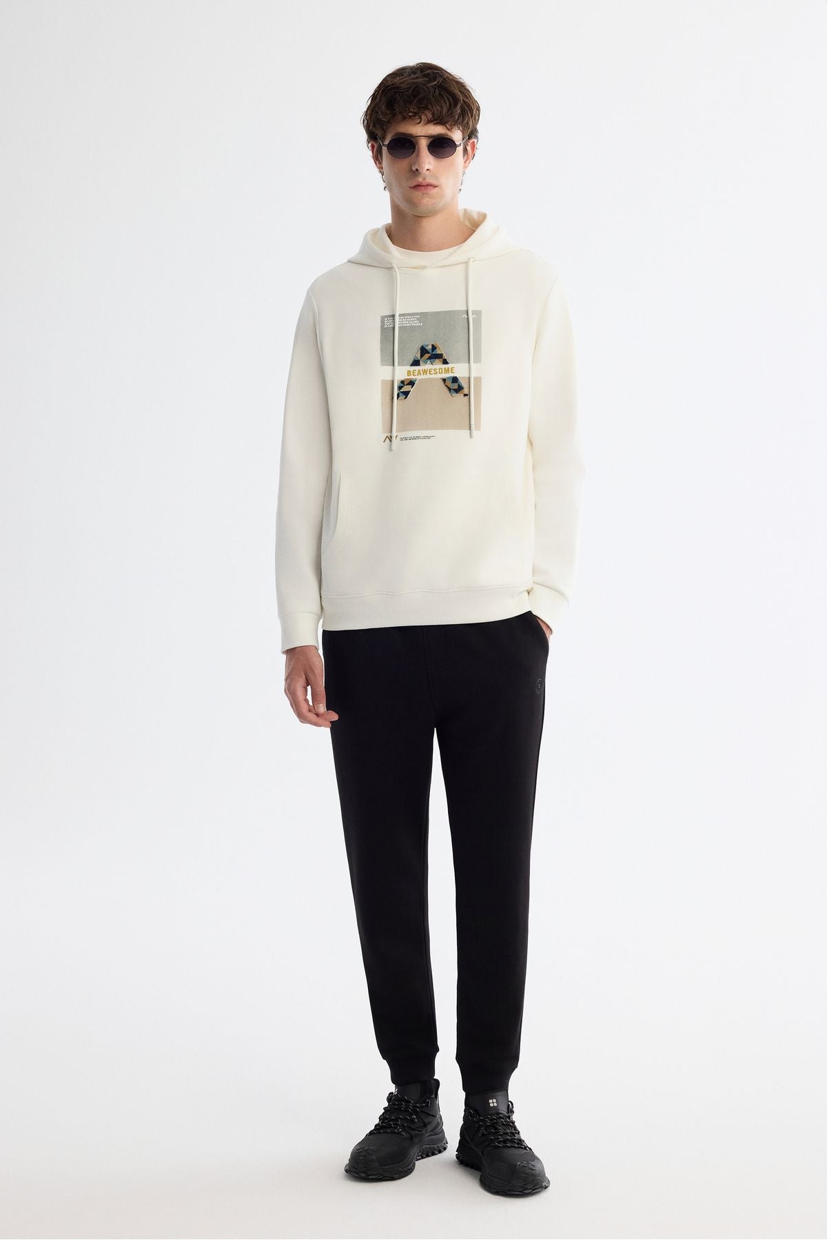 Male Ecru Hooded Cotton Printed Elastan Sweatshirt A42y1321