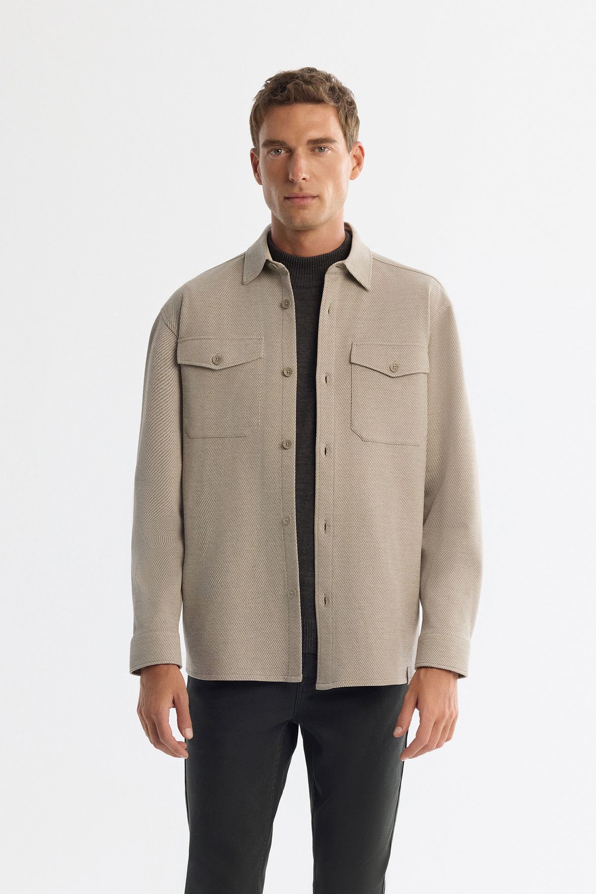 Men's Beige Classic Collar Diagonel Shirt Jacket A42Y2015