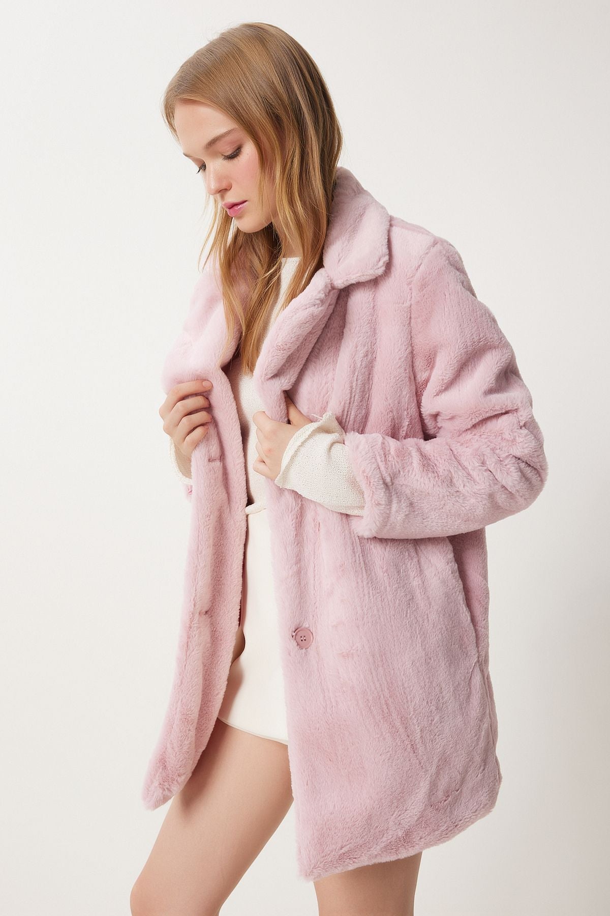 Woman Pink Artificial Fur Coat Rv00072