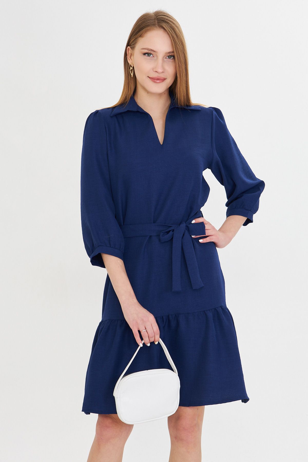 Female navy blue shirt collar quarter arm waist belt skirt shirred dress ARM-25Y001010