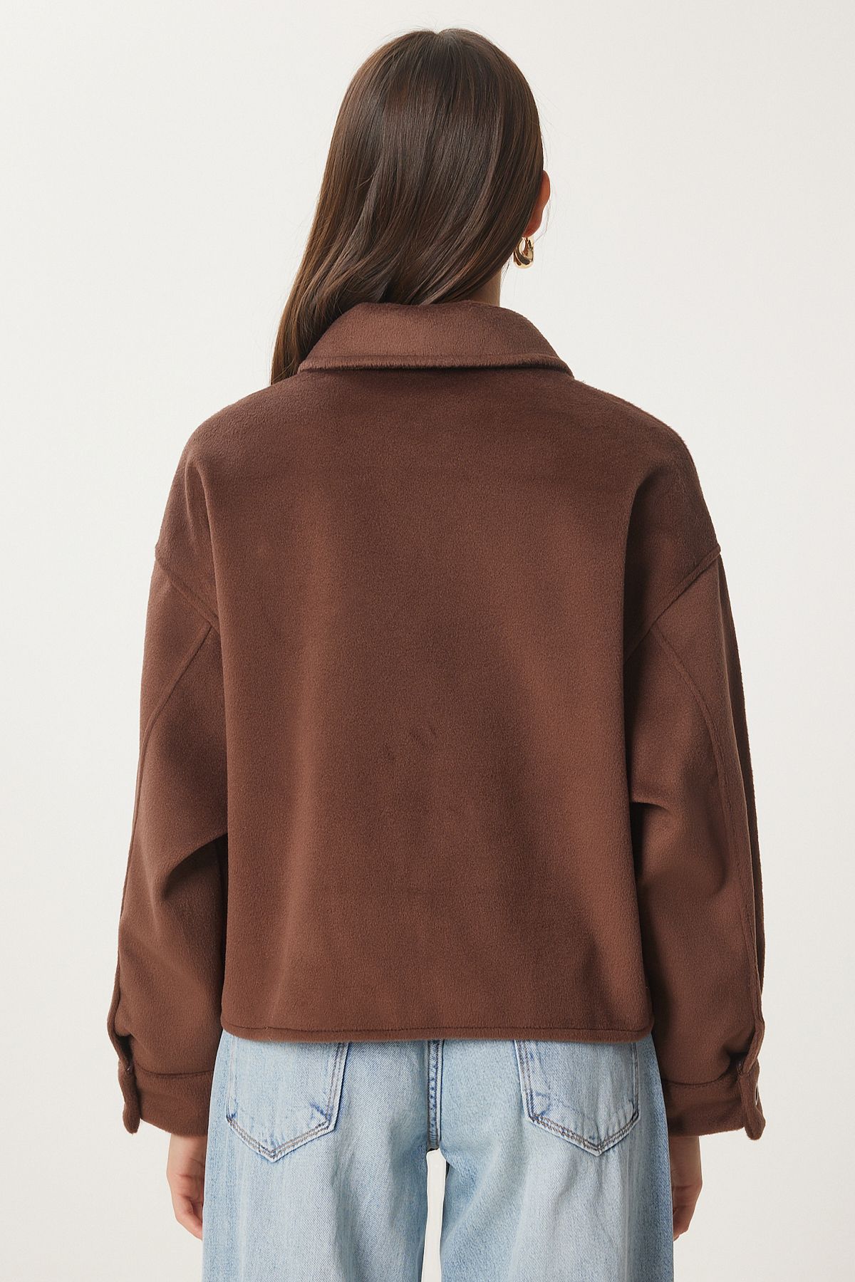 Female brown wide pocket soft stamp jacket FN03445