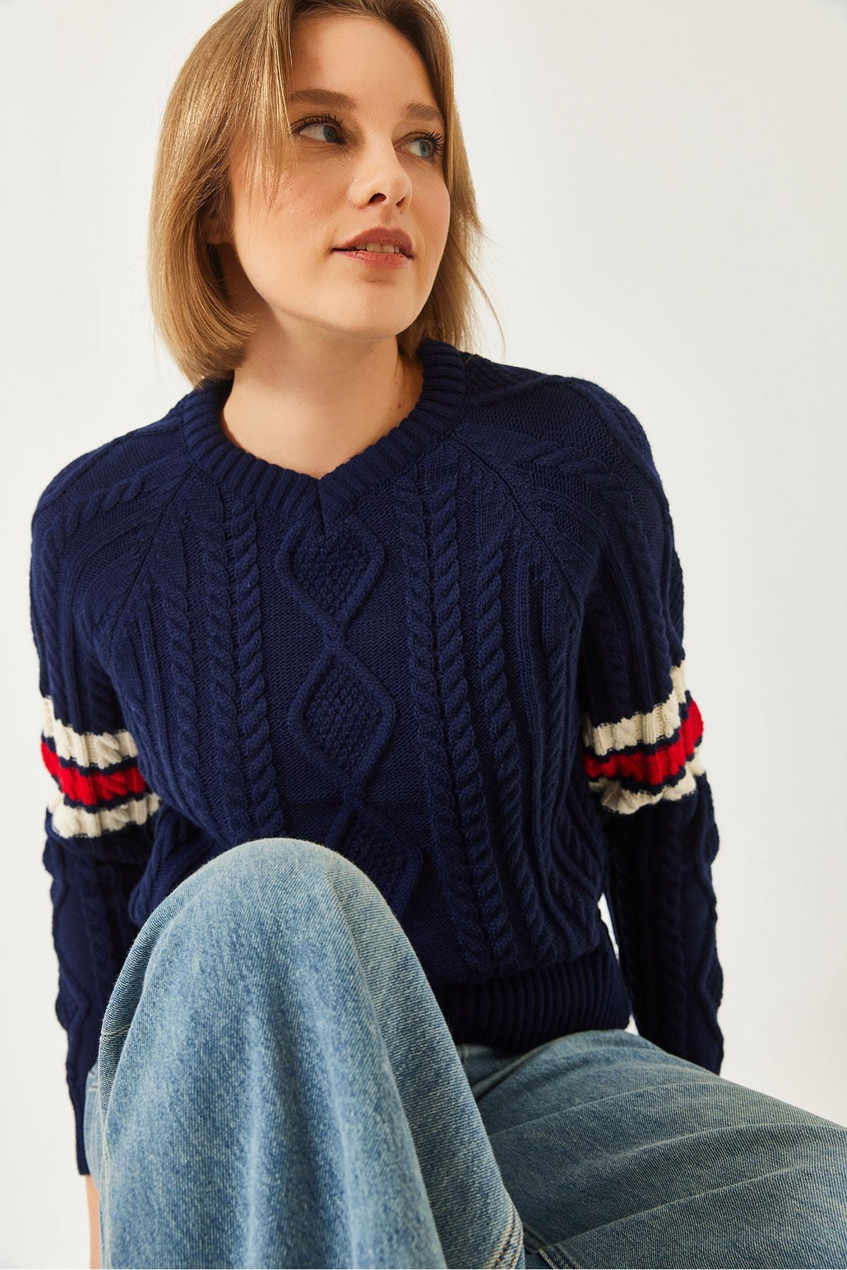 Women's V -Neck Patterned Knitwear Kazakh 20246919