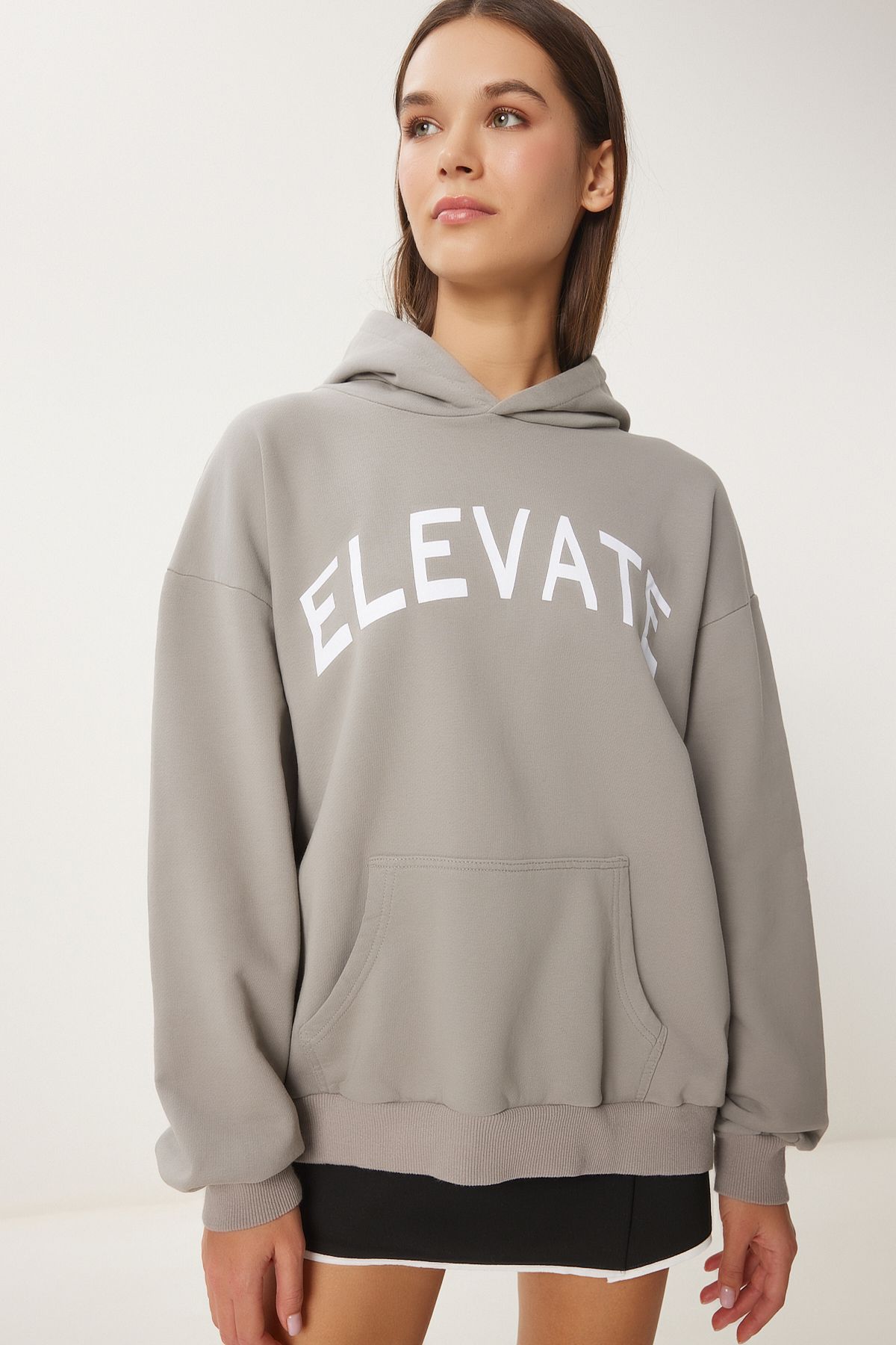 Women's gray hooded printed oversiz knitting sweatshirt ce00095