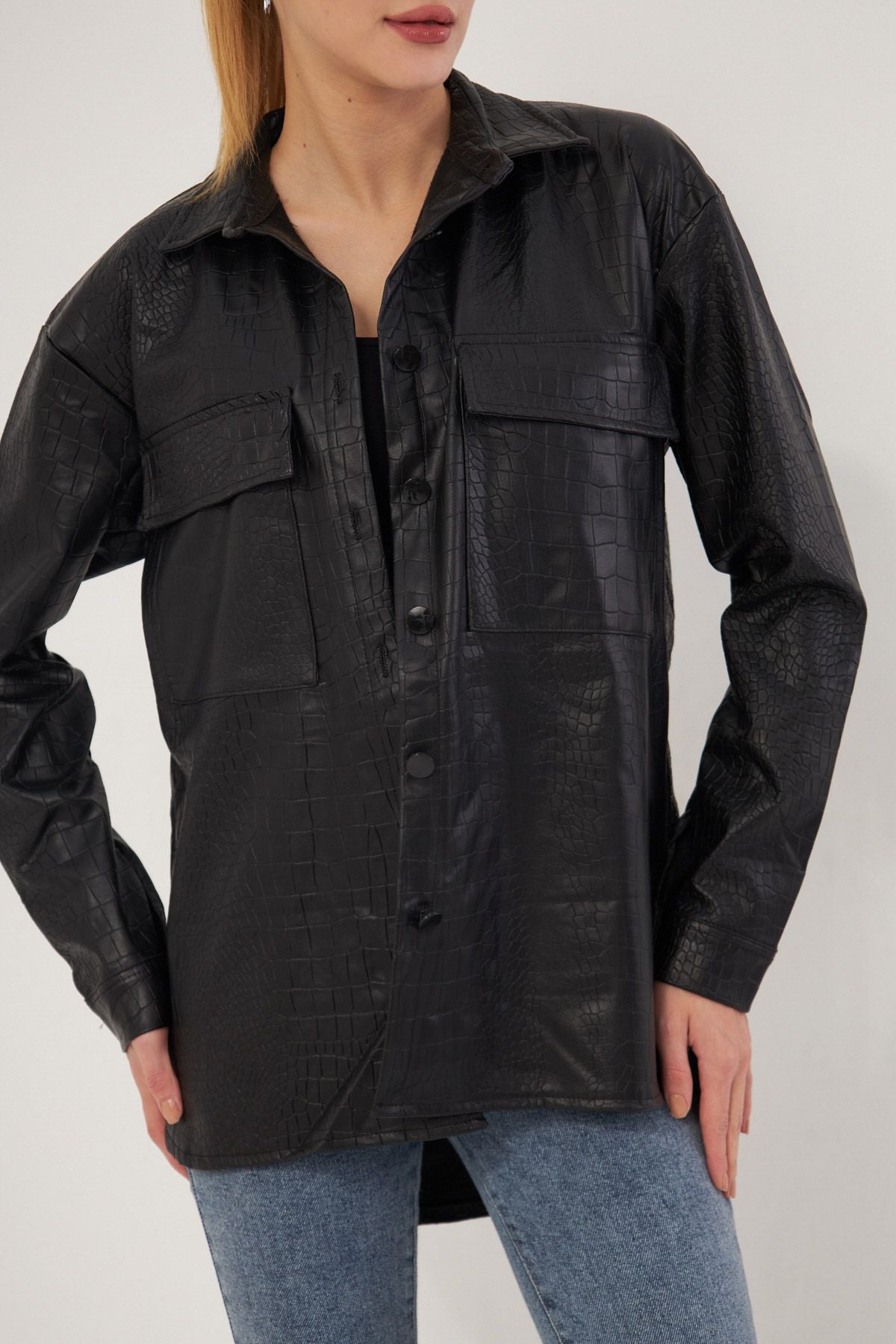 Female Black Pocket Croose Patterned Shirt ARM-25K106002
