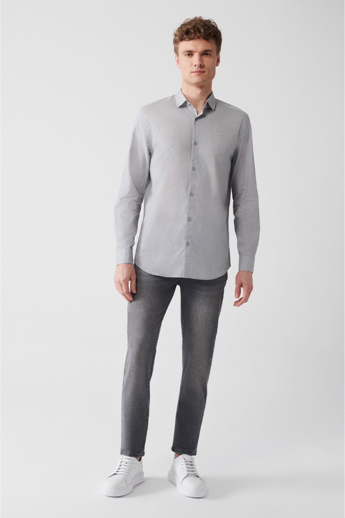 Male Light Gray 100 %Cotton Printed Shirt A31Y2040
