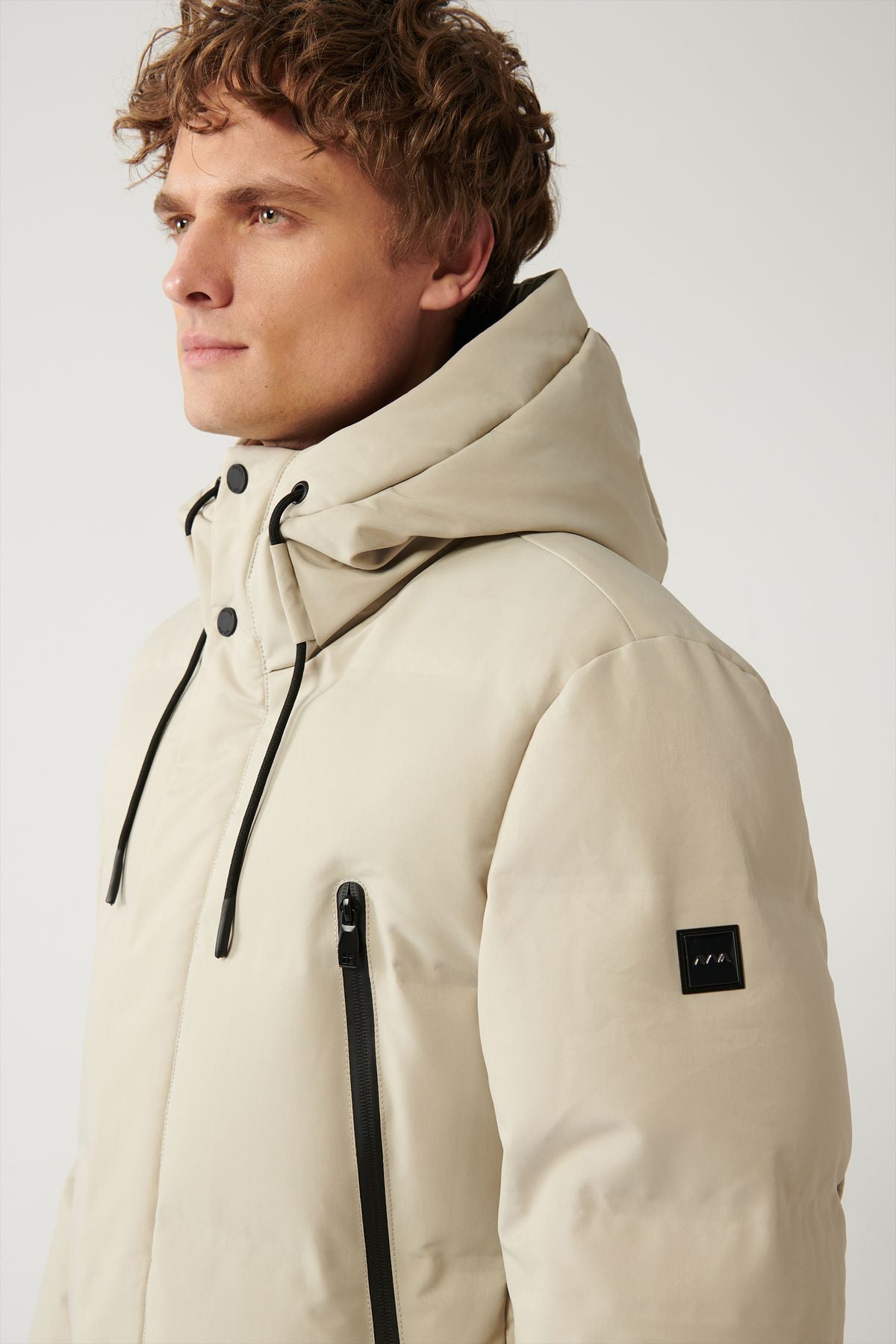 Men's Beige Hooded Goose Feathery Water Driving Long Coat Coat A32Y6047