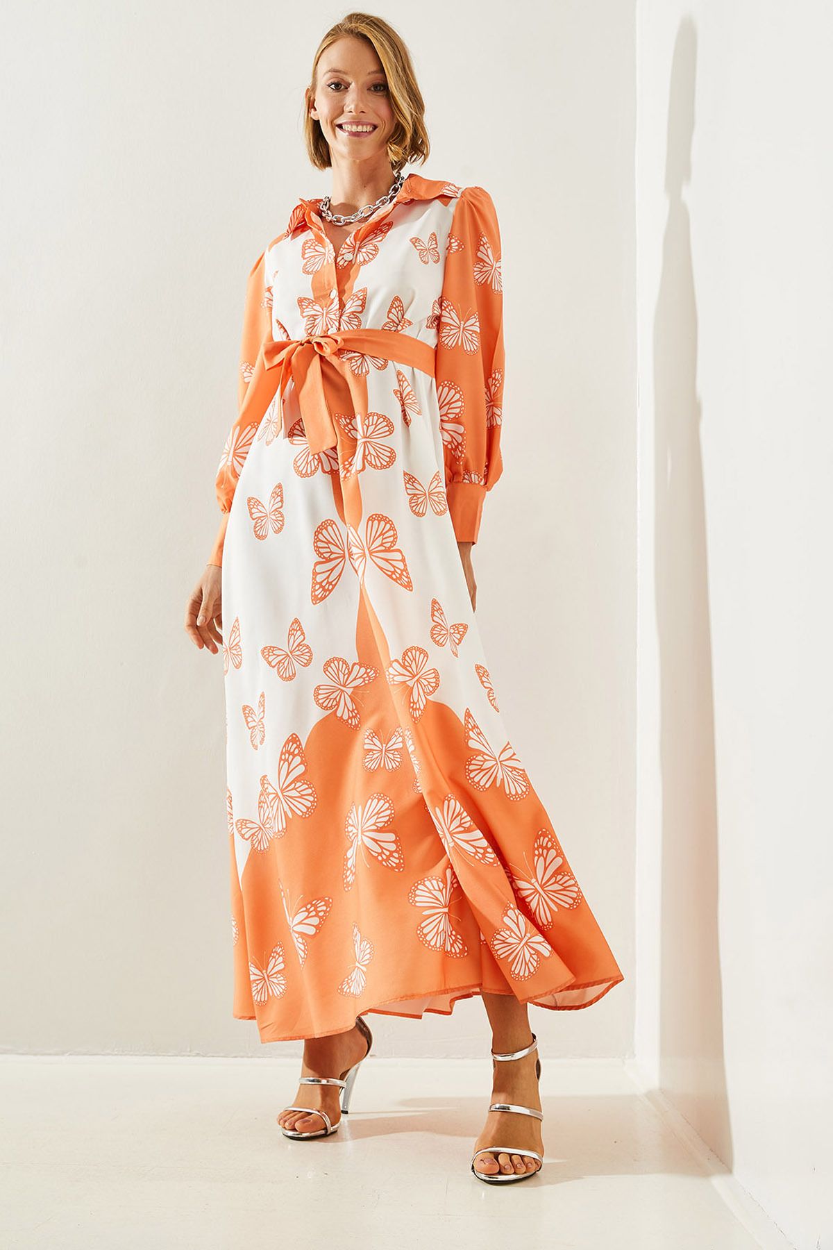 Shirt collar butterfly patterned belt long dress 22146 60251712