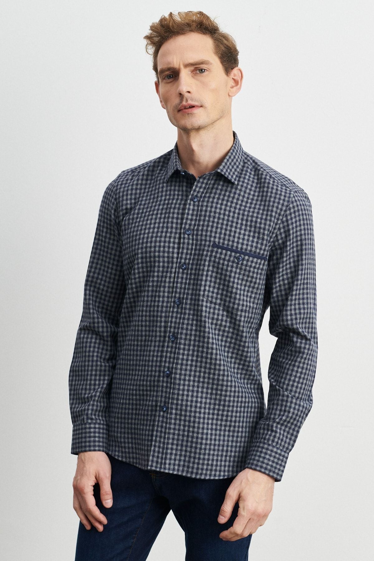 Men's Navy-Gri Slim Fit button with collar pötikareli flannel wood shirt