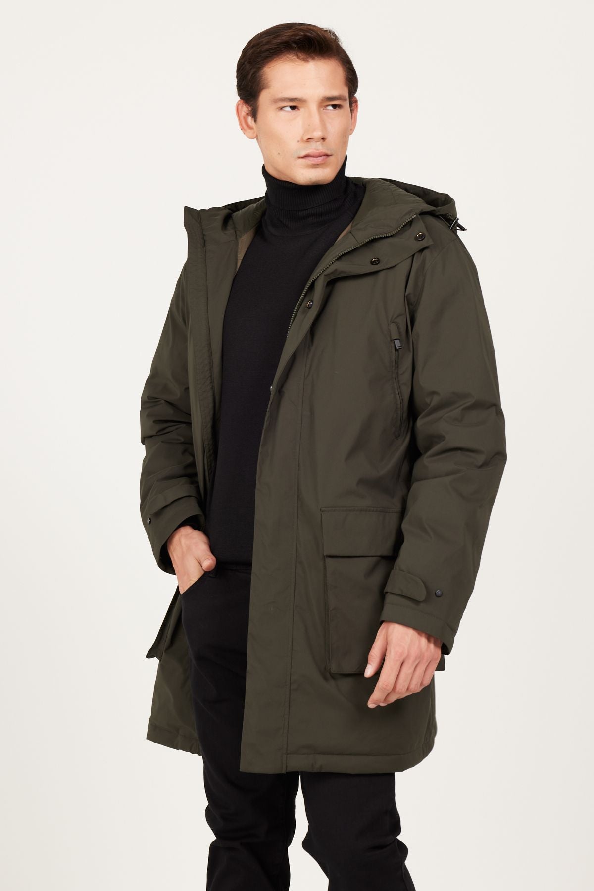 Male Khaki Standard Fit Normal Cut Hooded Coat