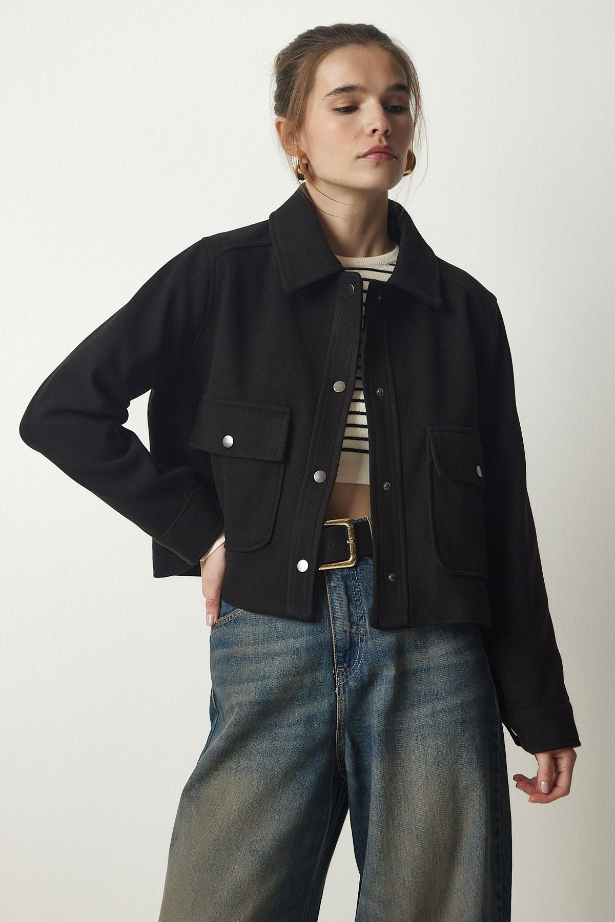 Female black pocket stamp jacket oh00051