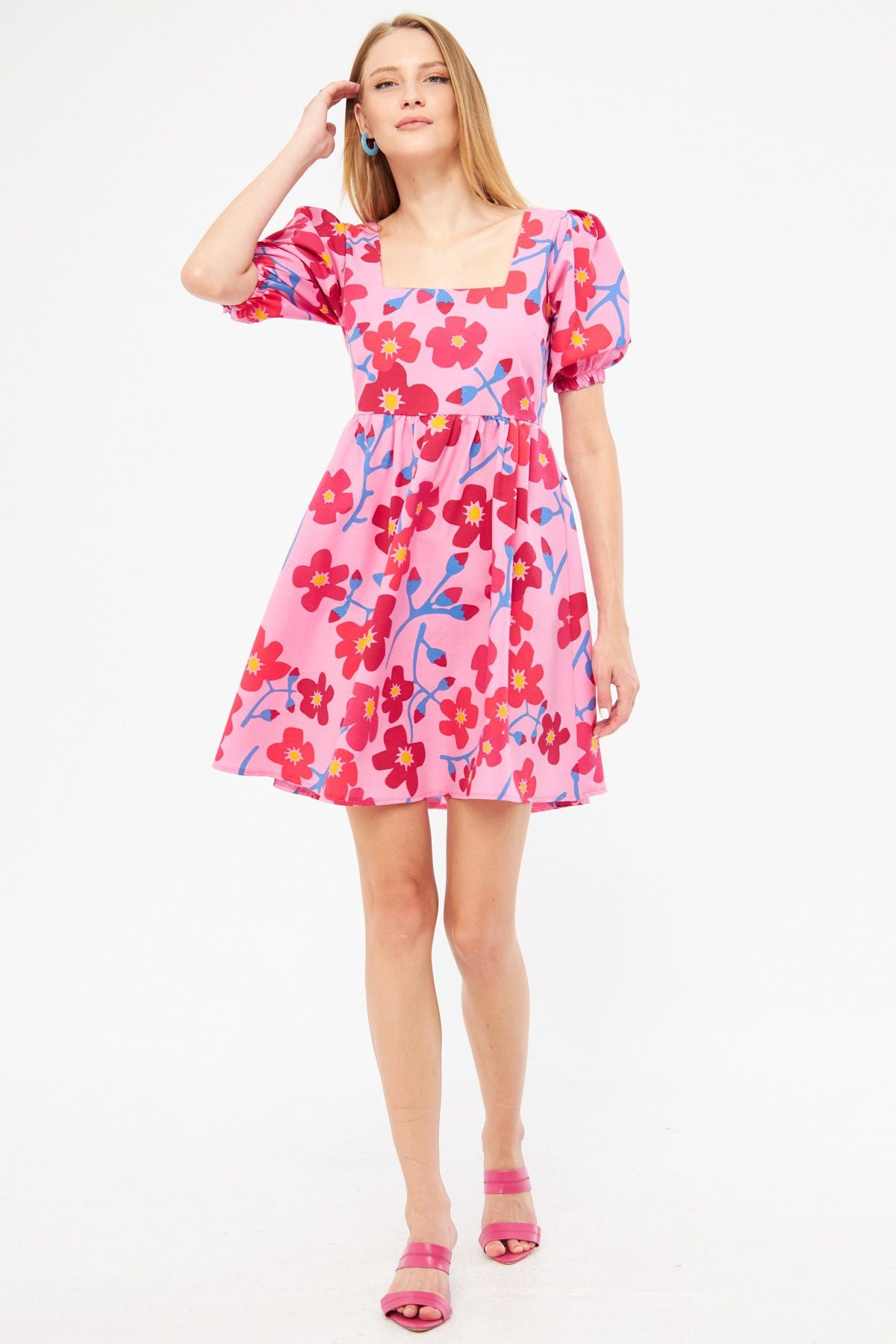 Female Pink Square Yaka Sıme Bağlama Detailed Waist Waist Waisnous Princess Arm Mini Dress ARM-24Y001078