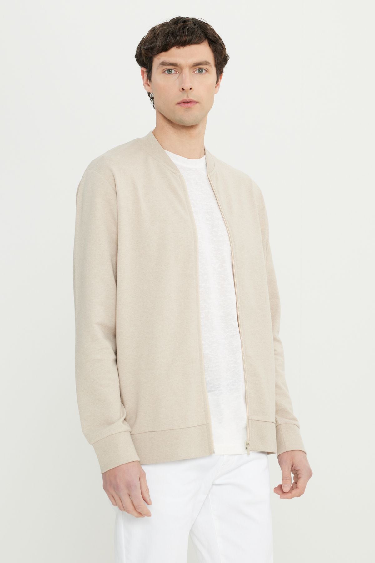 Men's Beige Cotton Standard Fit Normal Cutting College Side Cep Sweatshirt Jacket
